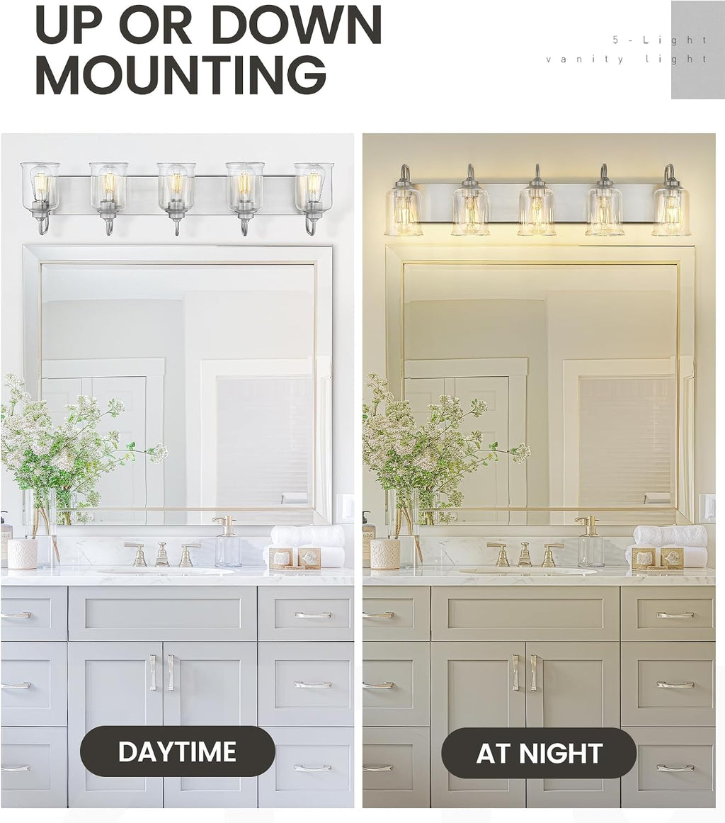 zeyu 36 Inch Farmhouse Modern Bathroom Lighting Fixture, 5-Light Bathroom Vanity Light, Brushed Nickel Finish with Clear Glass Shade, ZSL72B-5W BN