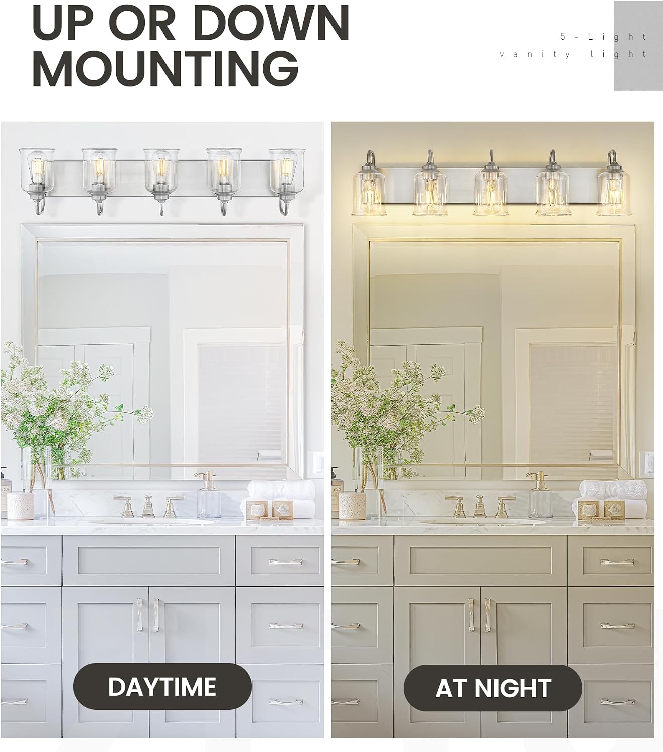zeyu 36 Inch Farmhouse Modern Bathroom Lighting Fixture, 5-Light Bathroom Vanity Light, Brushed Nickel Finish with Clear Glass Shade, ZSL72B-5W BN