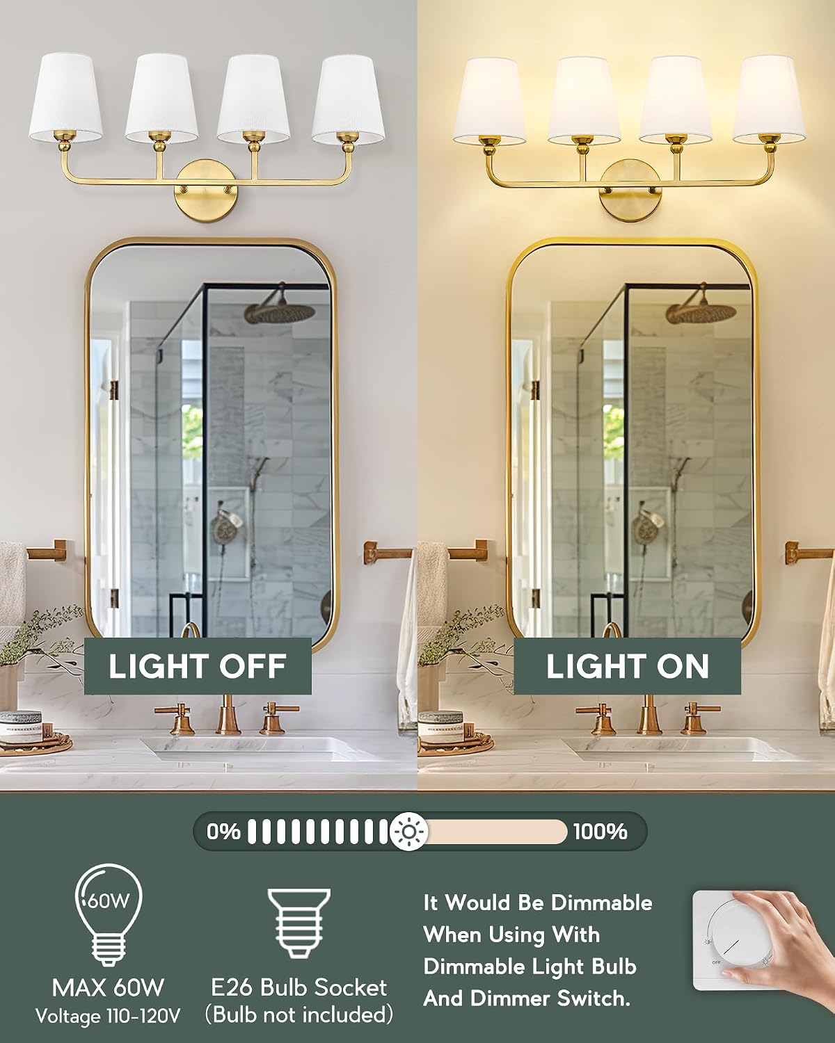 Bathroom Light Fixtures, 4 Light Brushed Gold Vanity Lights with Flared White Fabric Shade, 28 Inch Wall Sconce, Modern Sconces Wall Lighting for Hallway Bedroom, VL837-BG-4