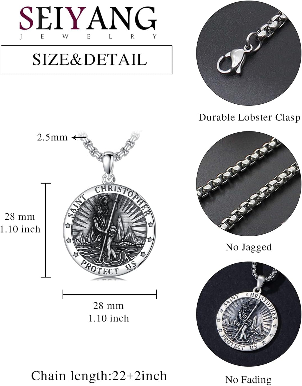 Seiyang St Christopher Medal for Men 925 Sterling Silver Round & Oval St Christopher Pendant Mens Double Sided Saint Christopher Medallion Necklace Protection Jewelry Religious Gifts for Men Women