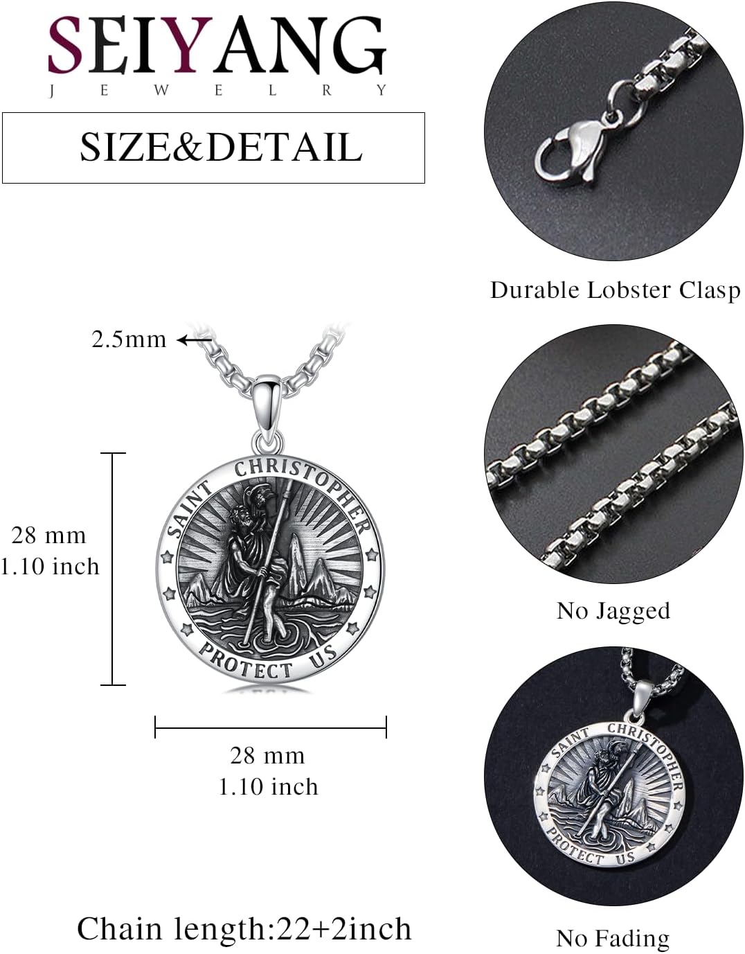 Seiyang St Christopher Medal for Men 925 Sterling Silver Round & Oval St Christopher Pendant Mens Double Sided Saint Christopher Medallion Necklace Protection Jewelry Religious Gifts for Men Women