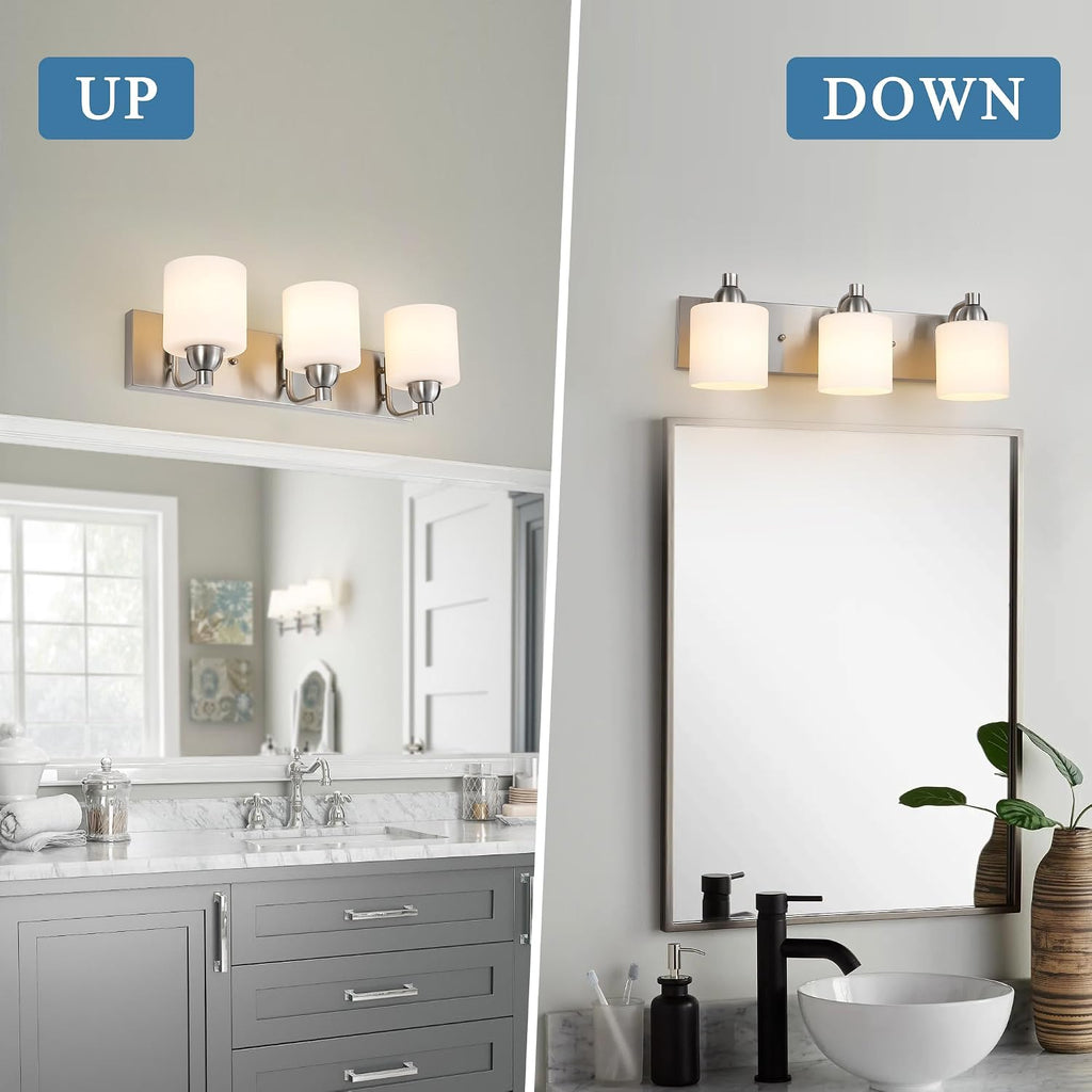 Mecgirn Stainless Steel Milk Glass Bathroom Vanity Light Over Mirror, 3 Light Brushed Nickel Bathroom Light Fixtures with Frosted Glass, Modern Vanity Lighting Wall Mount