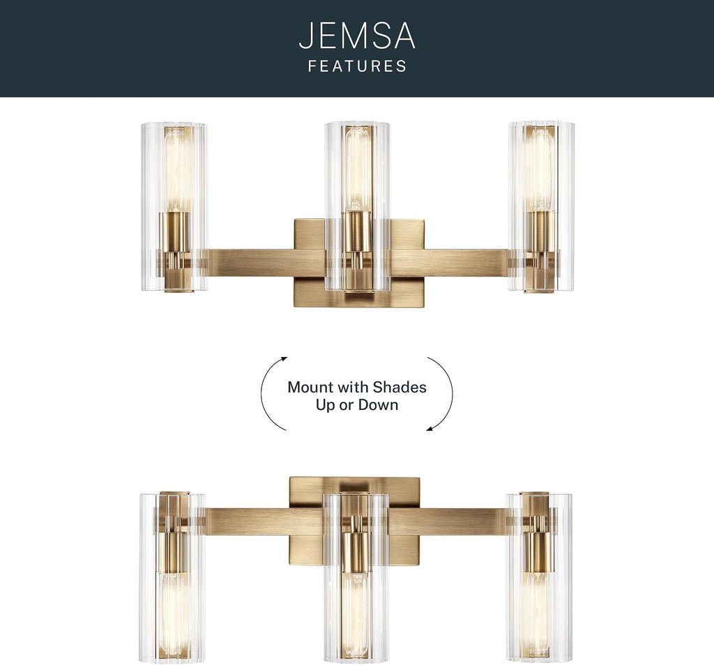 Kichler Jemsa 3-Light Bathroom Vanity Light Fixture with Clear Fluted Glass in Champagne Bronze for Modern Bathroom or Powder Room Wall Lighting (9.75 x 22.75 in), 55168CPZ
