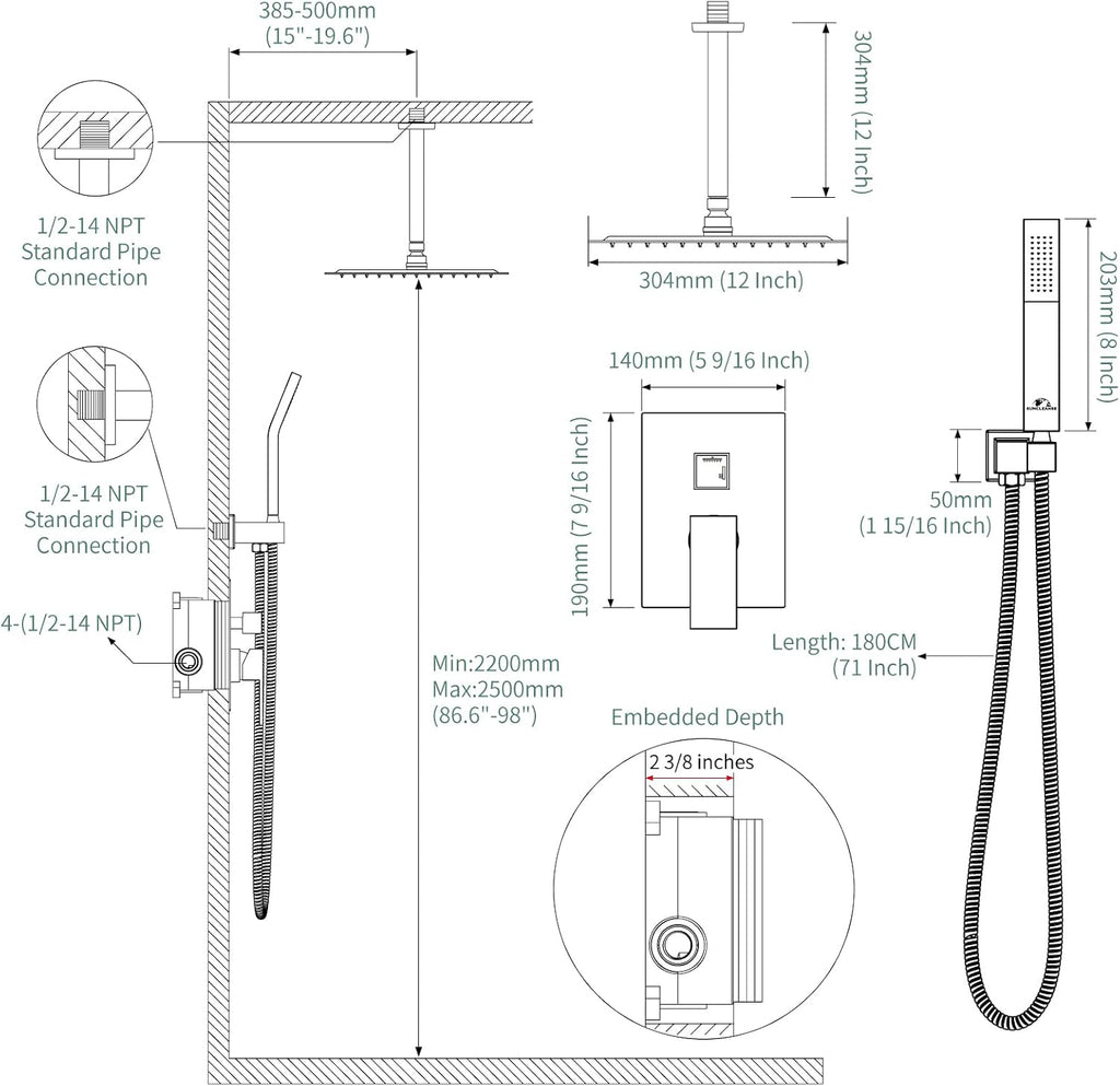 SunCleanse Rainfall Shower System Matte Black Ceiling Mounted Shower System Combo Set with High Pressure 12 Inches Square Rain Shower Head Handheld and Shower Faucet Rough-in Mixer Valve and Trim
