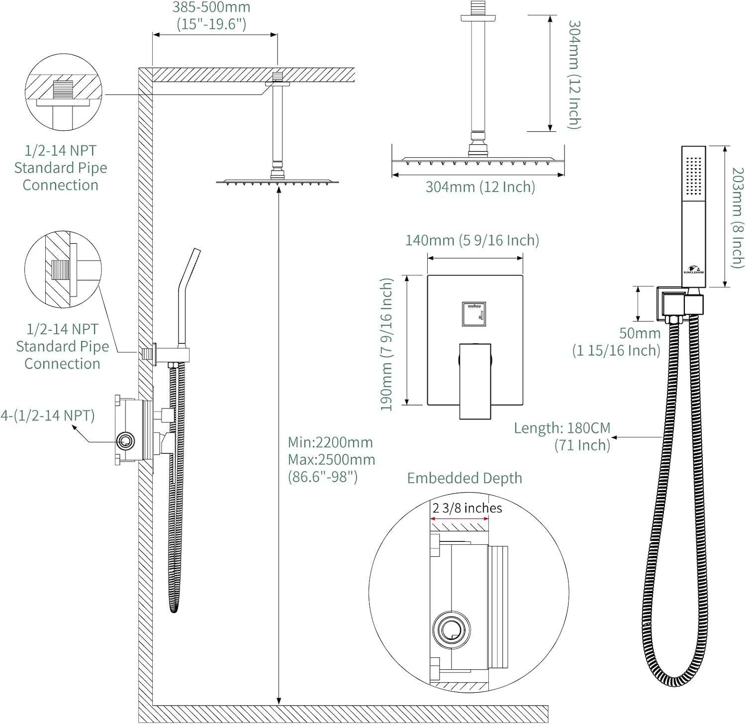SunCleanse Rainfall Shower System Matte Black Ceiling Mounted Shower System Combo Set with High Pressure 12 Inches Square Rain Shower Head Handheld and Shower Faucet Rough-in Mixer Valve and Trim