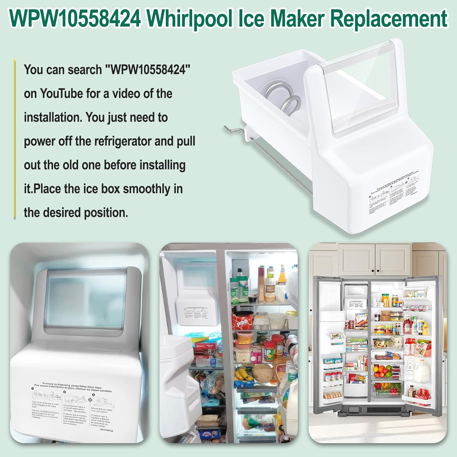 Upgraded WPW10558424 W10558424 Refrigerator Ice Bucket Replacement Compatible with Whirlpool Ice Maker Ice Tray WRS321SDHZ08, WRS321SDHZ05, WRS321SDHZ01, WRS322FDAM04 Parts for Whirlpool Ice Bin Tray