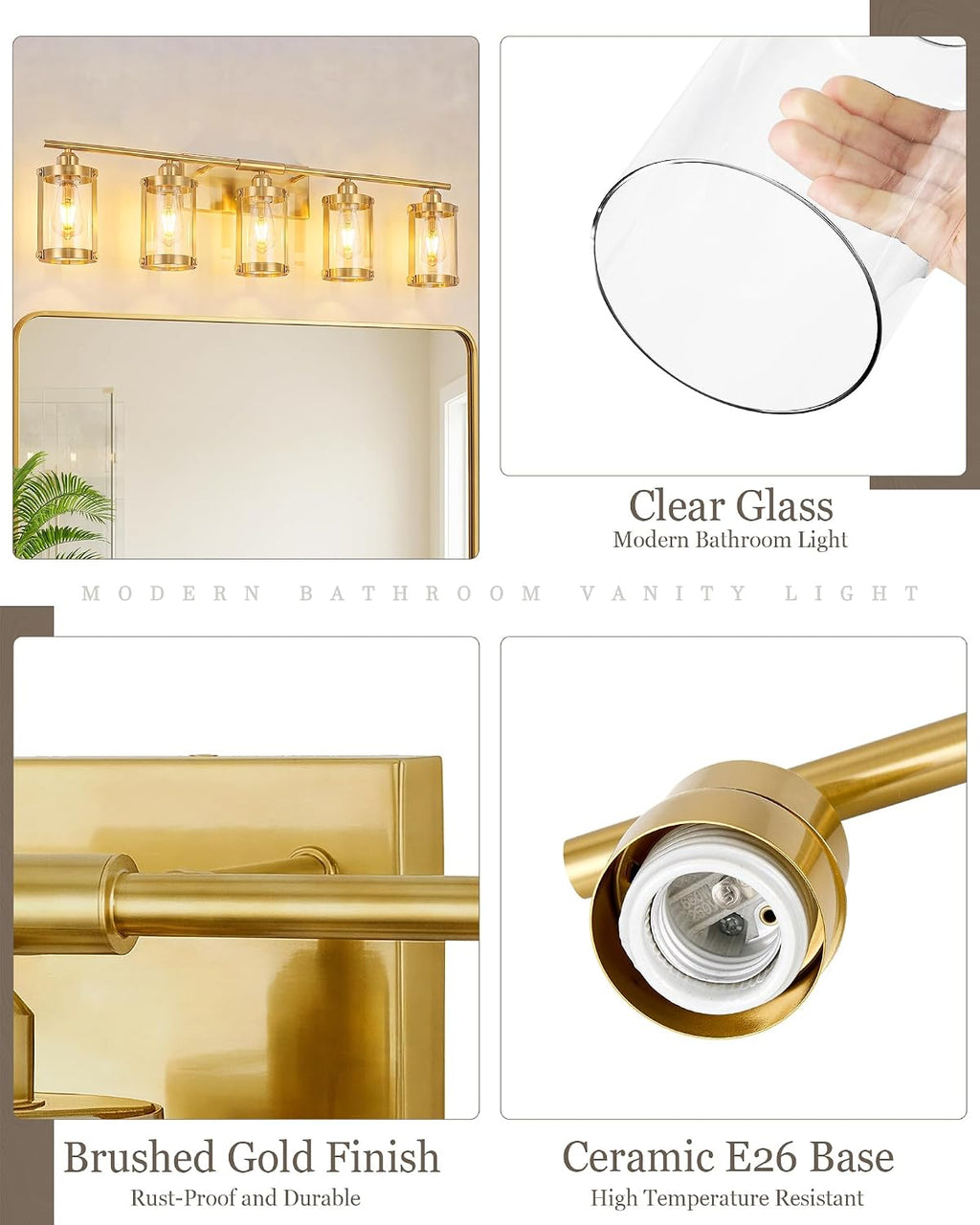 5-Light Brushed Gold Bathroom Light Fixtures Over Mirror with Clear Glass and Metal Cage Shade, 38' UL-Listed Modern Farmhouse Wall Sconce for Bath, Hardwire E26, OS-3014BG-5W