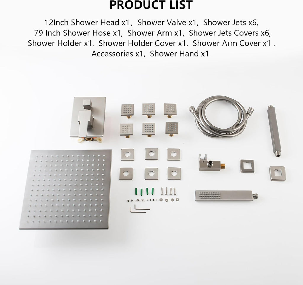 SKOWLL Shower Body Faucet Set Ceiling Mount 12 Inch LED Shower Head, 6 Body Spray Jet, High Pressure Shower System Sets Complete Rough-in Valve and Shower Trim Kit System, Brushed Nickel