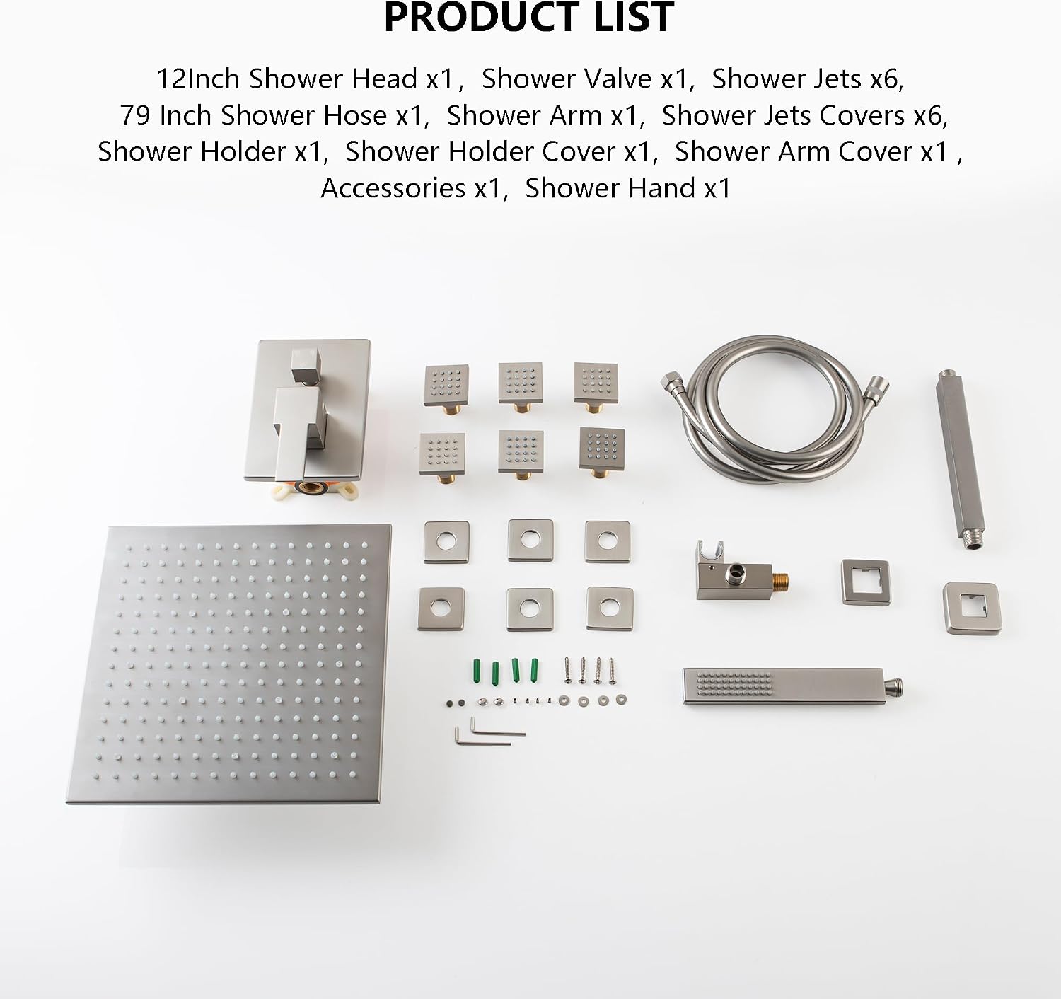 SKOWLL Shower Body Faucet Set Ceiling Mount 12 Inch LED Shower Head, 6 Body Spray Jet, High Pressure Shower System Sets Complete Rough-in Valve and Shower Trim Kit System, Brushed Nickel