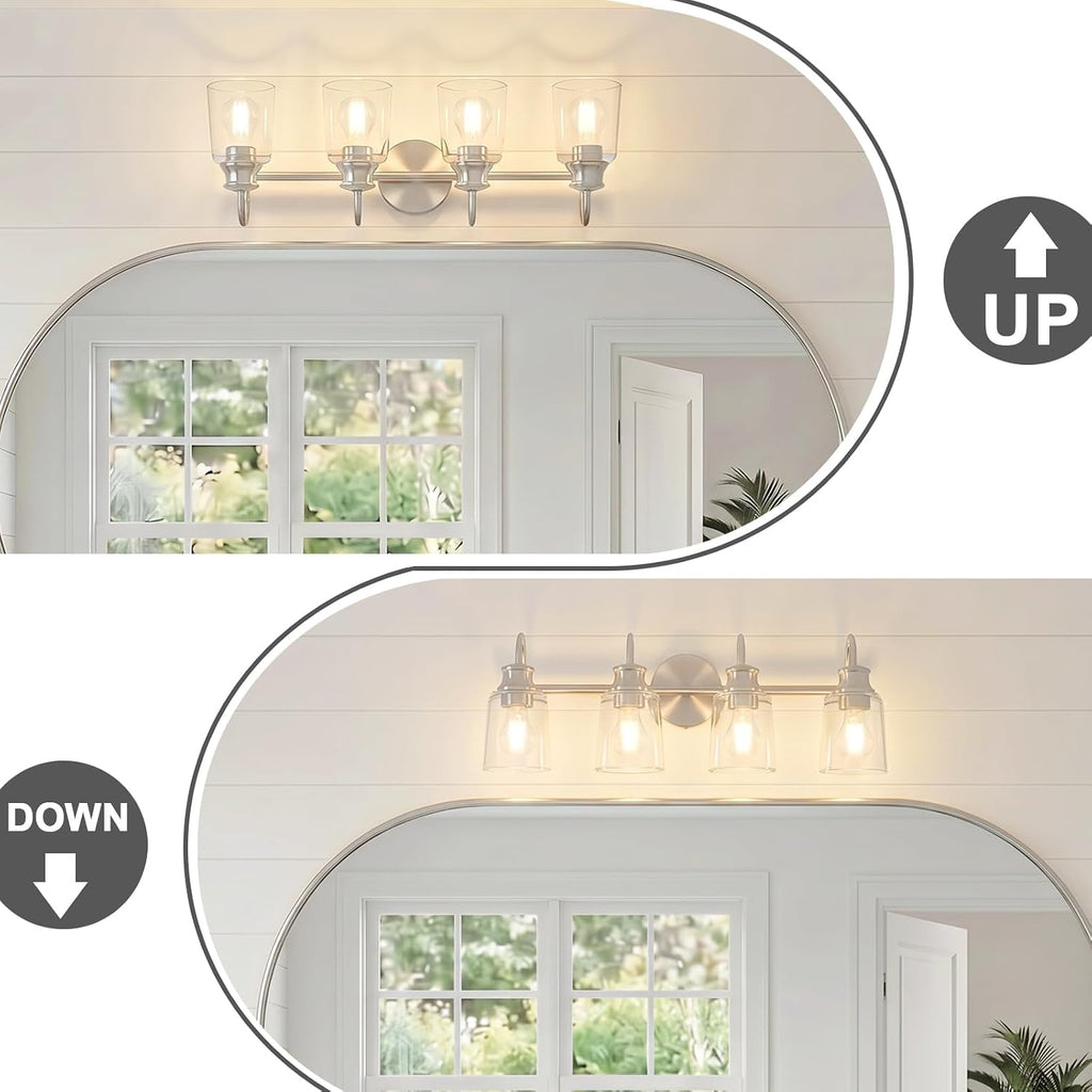 4 Lights Bathroom Light Fixtures Modern Brushed Nickel Vanity Lights for Bathroom Lighting Fixtures Over Mirror with Clear Glass Shade for Cabinet Mirror Bedroom Hallway