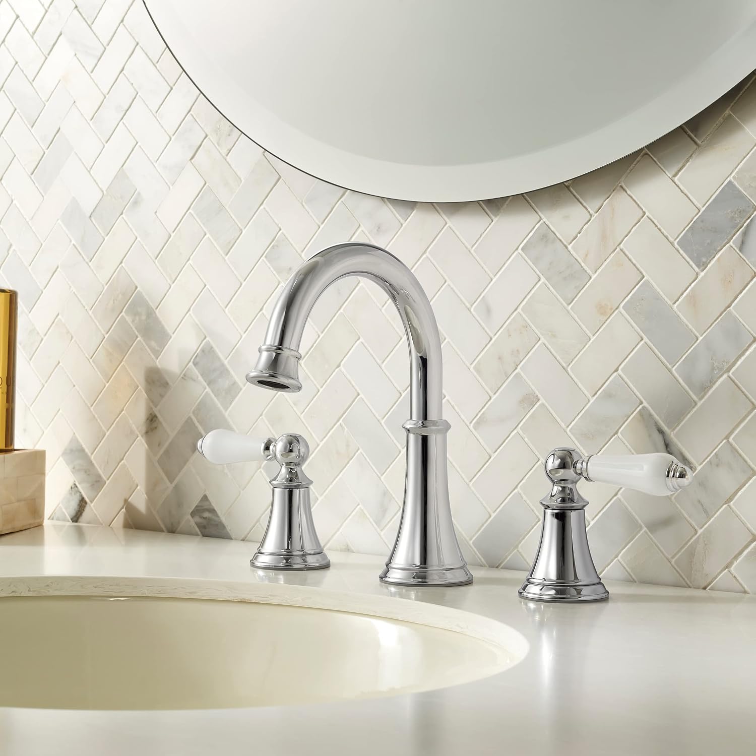 Pfister Courant 8 in Widespread 3 Hole Bathroom Sink Faucet 2 Handle Polished Chrome NSF Certified WaterSense Push & Seal Drain 360 Degree Swivel Spout LF049COPC