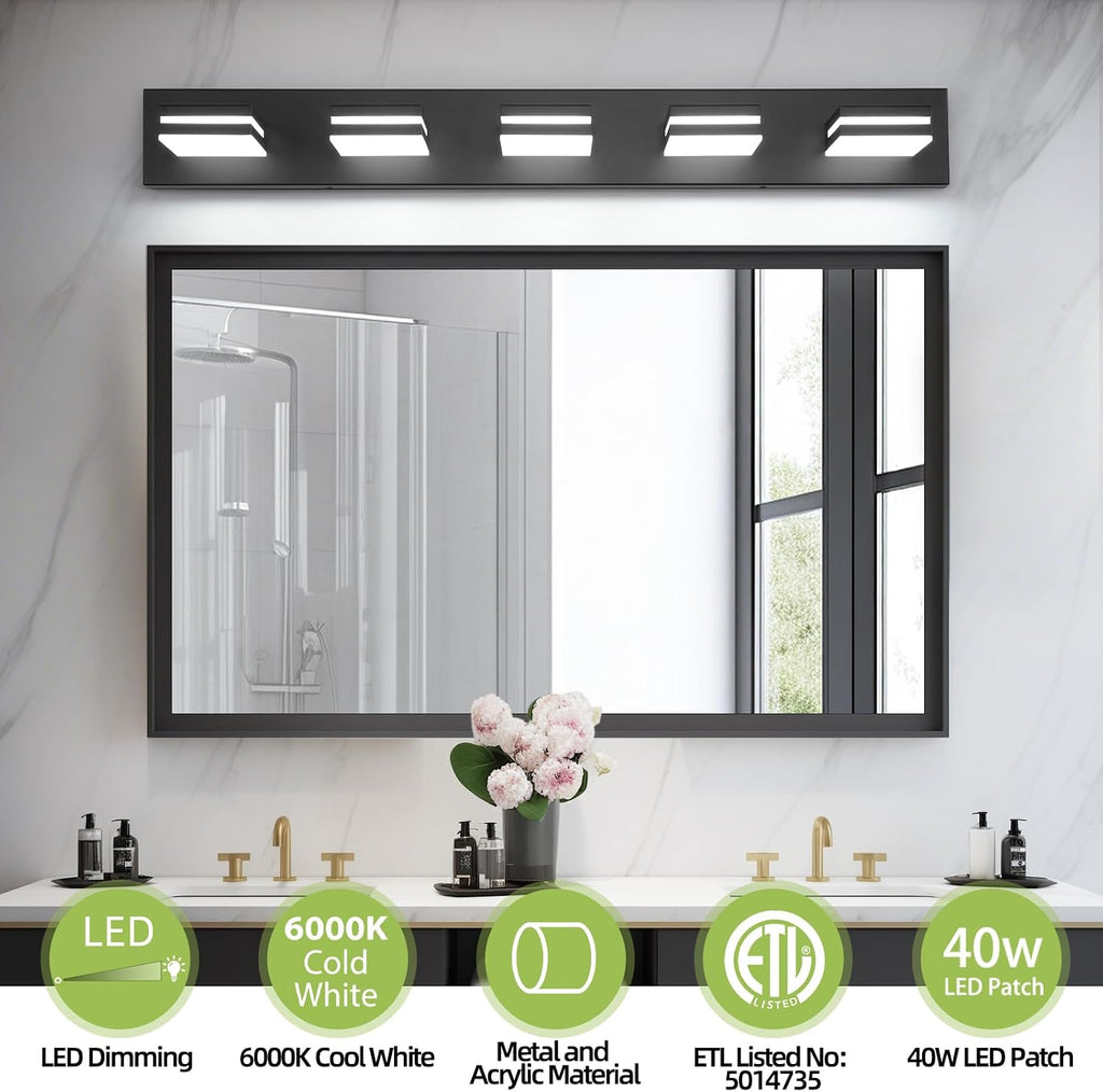OKELI 5 Light Bathroom Vanity Light Matte Black Modern 36W LED Dimmable Vanity Light Over Mirror 350° Adjustable Lamp Head Cold White 6000K ETL Listed 36.2Inch
