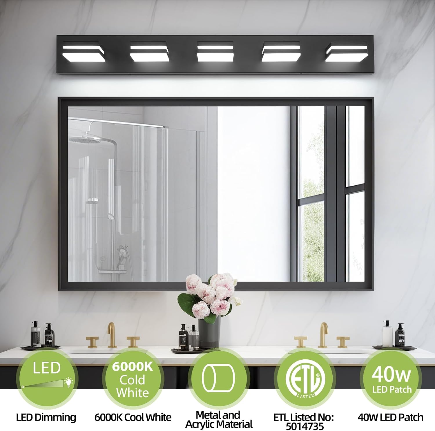 OKELI 5 Light Bathroom Vanity Light Matte Black Modern 36W LED Dimmable Vanity Light Over Mirror 350° Adjustable Lamp Head Cold White 6000K ETL Listed 36.2Inch