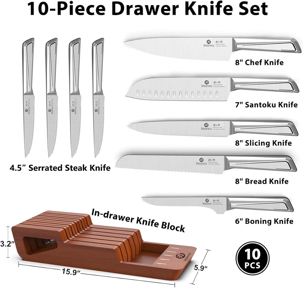 imarku Drawer Knife Set, 10 PCS Japanese Stainless Steel Knife Block Set, Kitchen Knife Sets with Wooden Drawer Organizer, Dishwasher Safe, Ultra Sharp Chef Knife, Gifts for Men