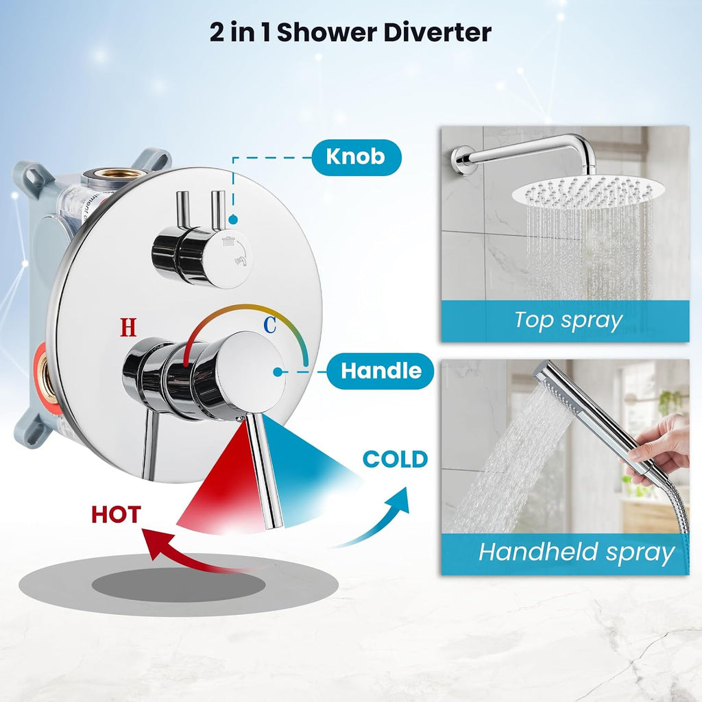 gotonovo Shower System 10 Inch Round Rainfall Showerhead Wall Mounted High Pressure Shower Faucet Set Fixture Combo with Rough in Valve and Cylindrical Handheld Spray, Polish Chrome