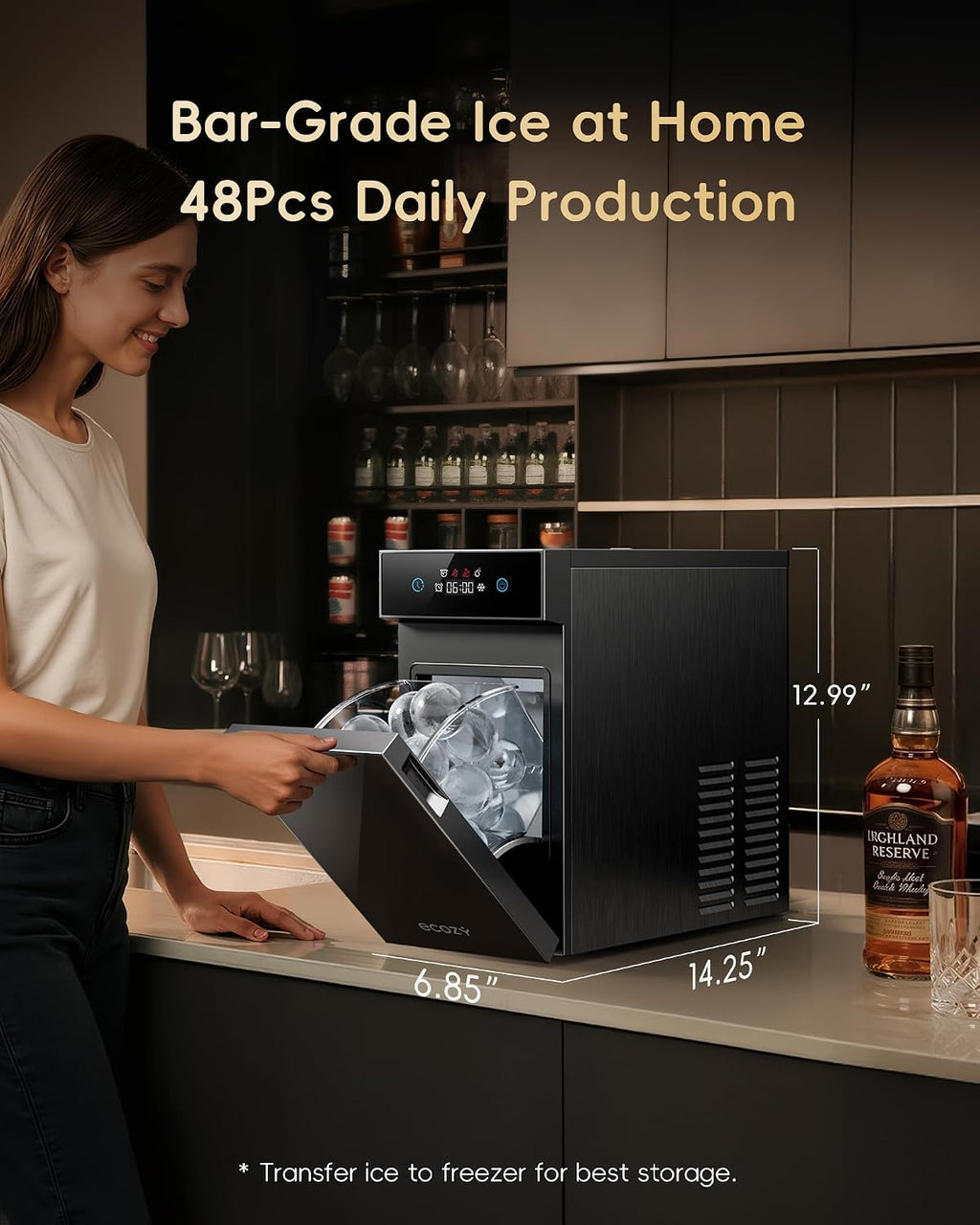 ecozy 2.1' Clear Ice Ball Maker Countertop with CrystalFlux Technology, Minimal Footprint Sphere Ice Maker with 8H Timer, 1 pc in 30 Mins, 48 pcs/Day, Self-Cleaning for Home Bar Whiskey & Bourbon
