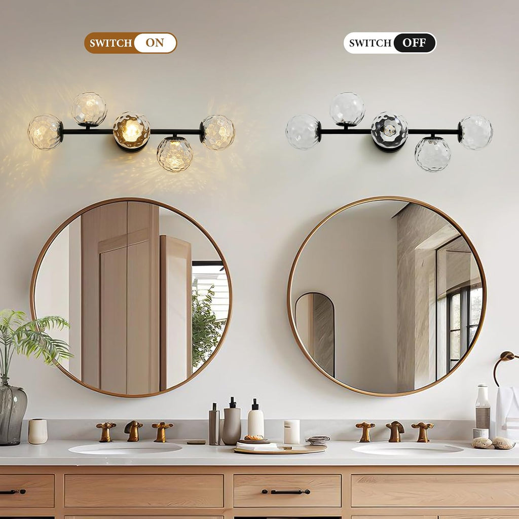 Black LED Bathroom Vanity Light: 5-Light Hammered Clear Glass Globe Bathroom Vanity Lights Fixture over Mirror - Mid Century Modern Dimmable Matte Black Bath Room Makeup Fireplace Wall Sconce Lighting