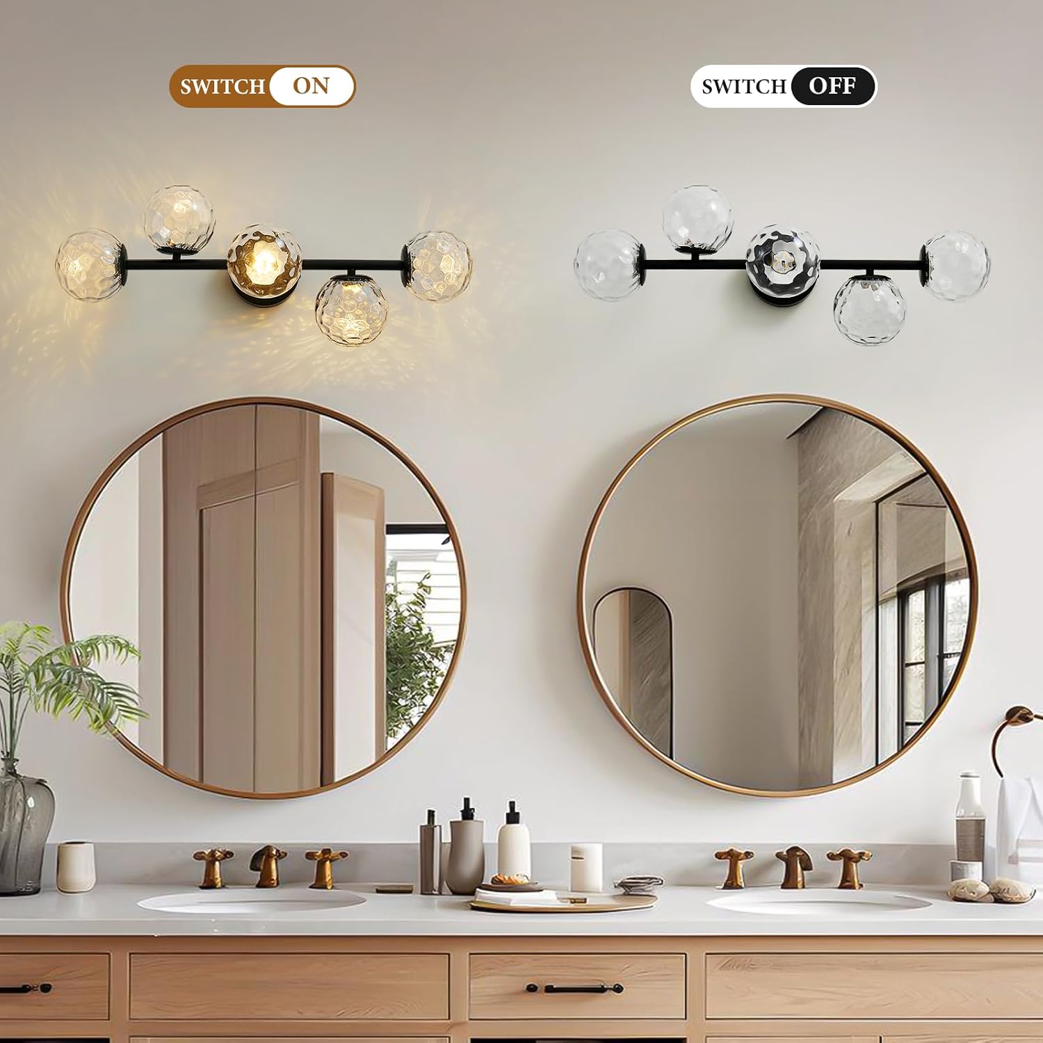 Black LED Bathroom Vanity Light: 5-Light Hammered Clear Glass Globe Bathroom Vanity Lights Fixture over Mirror - Mid Century Modern Dimmable Matte Black Bath Room Makeup Fireplace Wall Sconce Lighting