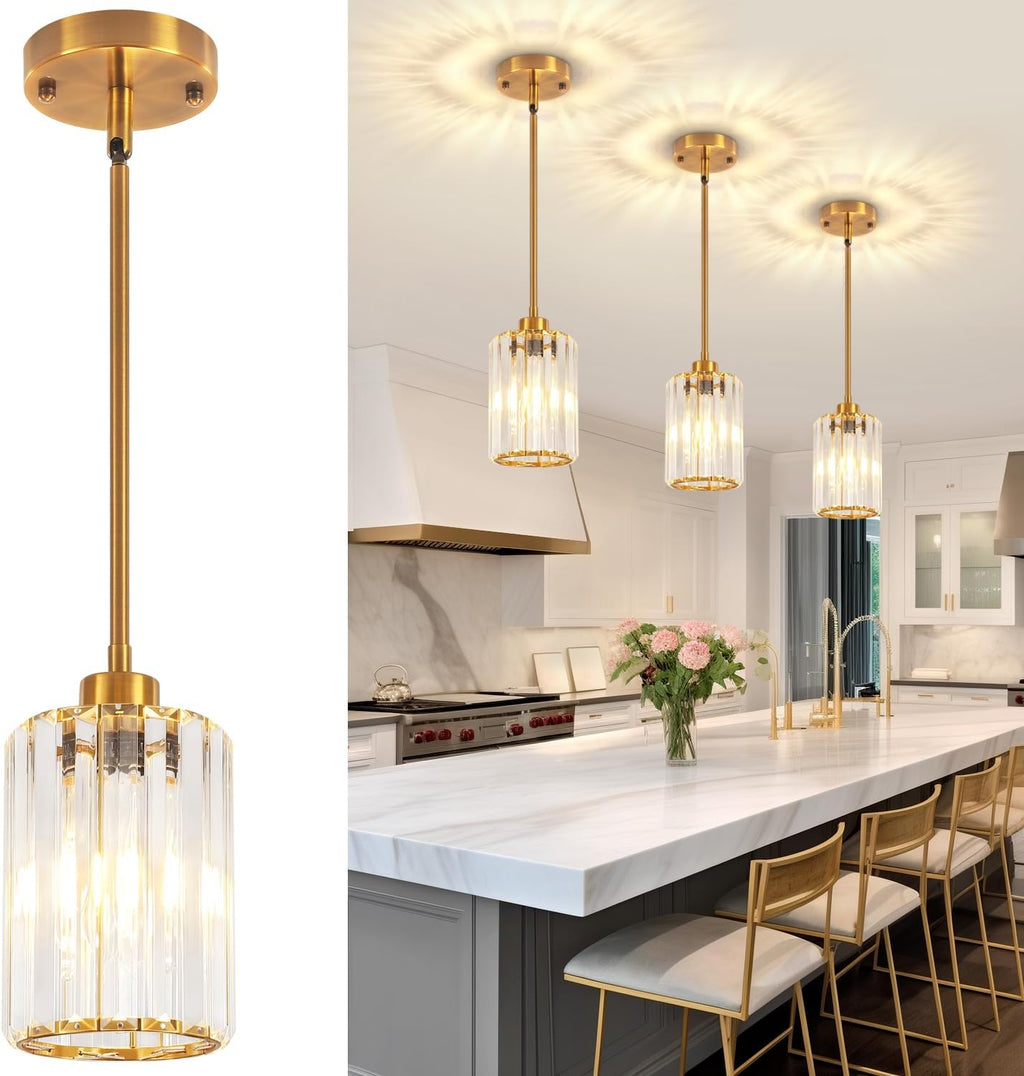 3 Pack Brushed Gold Pendant Lights Kitchen Island, Modern Crystal Pendant Lighting Over Island Kitchen Light Fixtures Hallway Ceiling Lights Adjustable Hanging Pendant Light for Bathroom Foyer