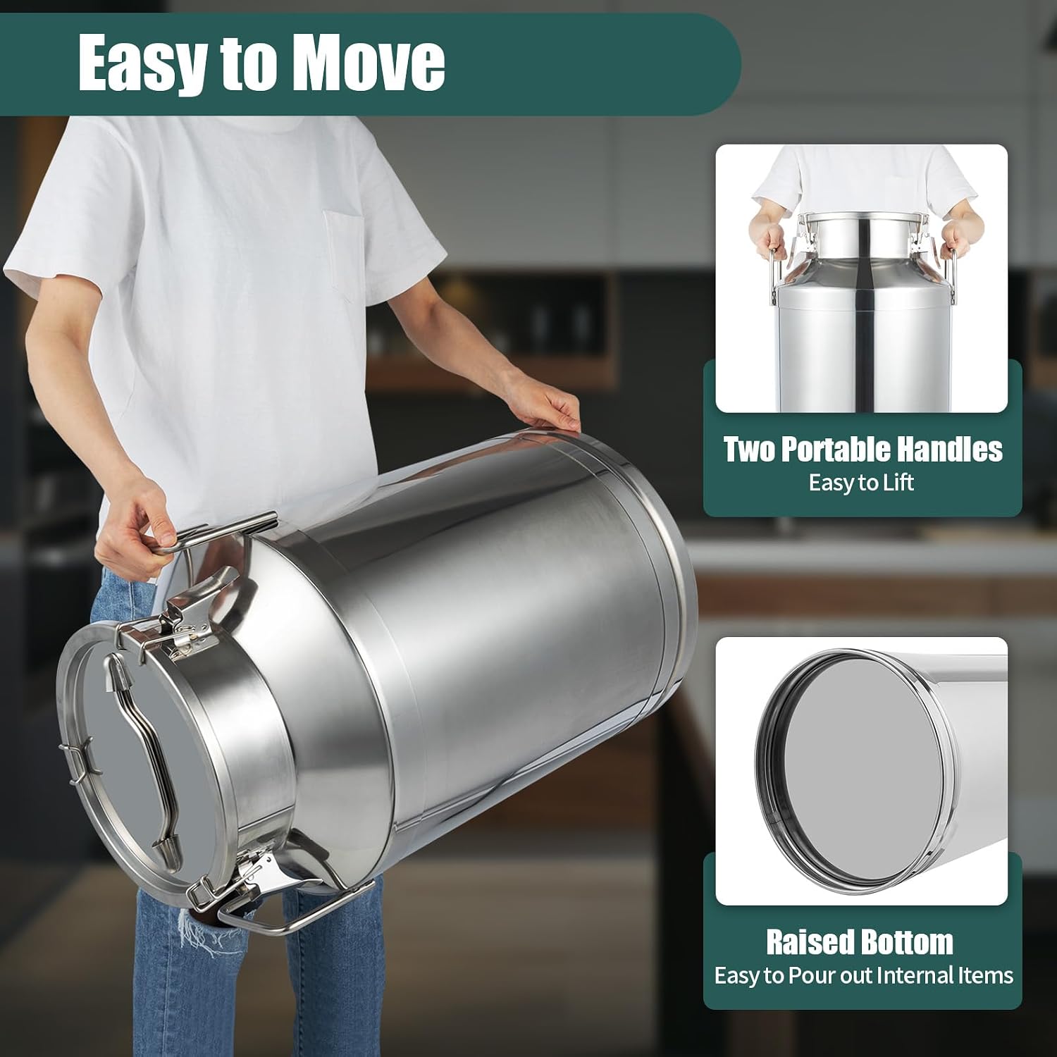 60L Stainless Steel Milk Can Pail Bucket Barrel Canister, Heavy Duty Stainless Steel Milk Can, 1MM Thickness Jug Universal Airtight Metal Ice Bucket with Lid for Storing Oil & Water