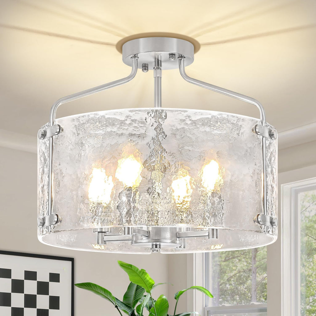 Brushed Nickel Semi Flush Mount Ceiling Lights, 15.3 inch Hammered Glass Entryway Hallway Light Fixtures, 4-Light Modern Drum Chandeliers for Dining Room Bedroom Bathroom Foyer