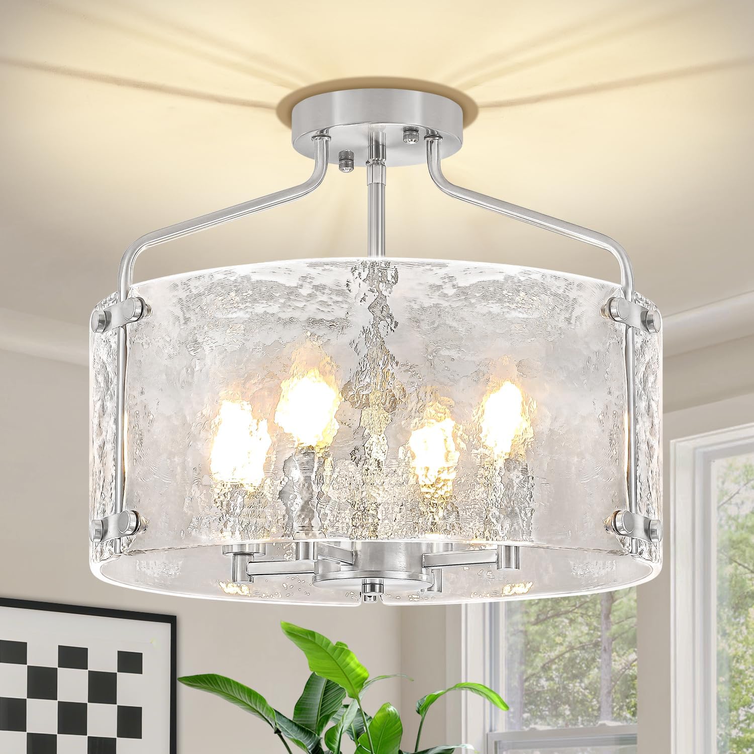 Brushed Nickel Semi Flush Mount Ceiling Lights, 15.3 inch Hammered Glass Entryway Hallway Light Fixtures, 4-Light Modern Drum Chandeliers for Dining Room Bedroom Bathroom Foyer