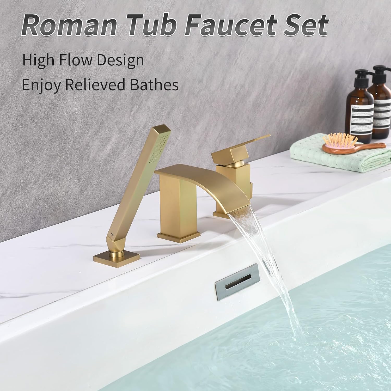 TapLong Waterfall Roman Tub Faucet with Hand Shower, Deck Mount Bathtub Faucets High Flow Widespread 3 Hole Bathtub Shower Faucet Set, Brushed Gold,03766BG