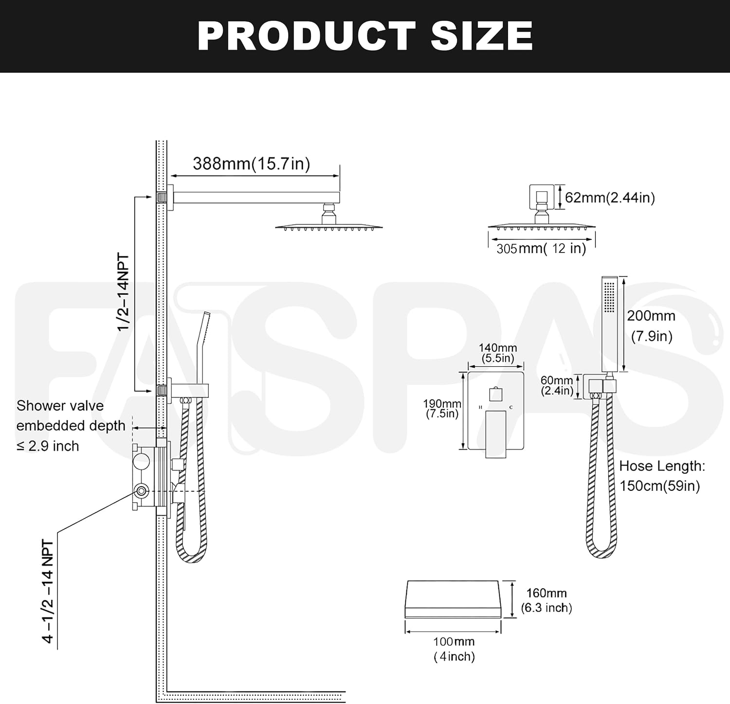 Matte Black Shower System with 12-Inch Rain Showerhead and Tub Spout | cUPC-certified pressure balance brass valve to prevent scalding, CEC-certified air injection technology for low pressure