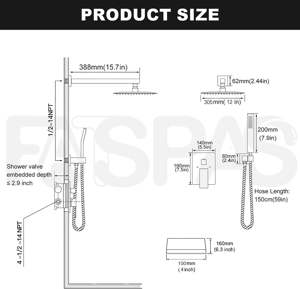 Brushed Gold Shower System with 12-Inch Rain Showerhead and Tub Spout | cUPC-certified pressure balance brass valve to prevent scalding, CEC-certified air injection technology for low pressure