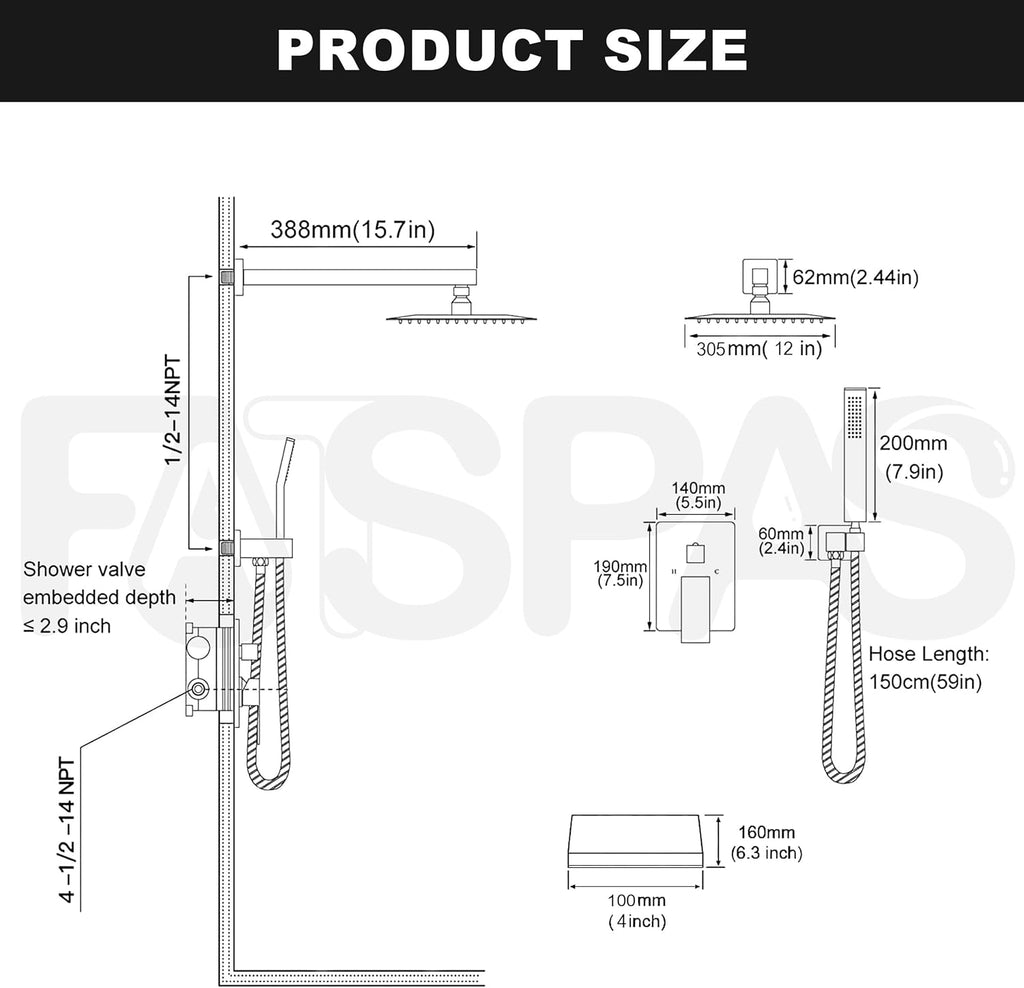 Brushed Nickel Shower System with 12-Inch Rain Showerhead and Tub Spout | cUPC-certified pressure balance brass valve to prevent scalding, CEC-certified air injection technology for low pressure