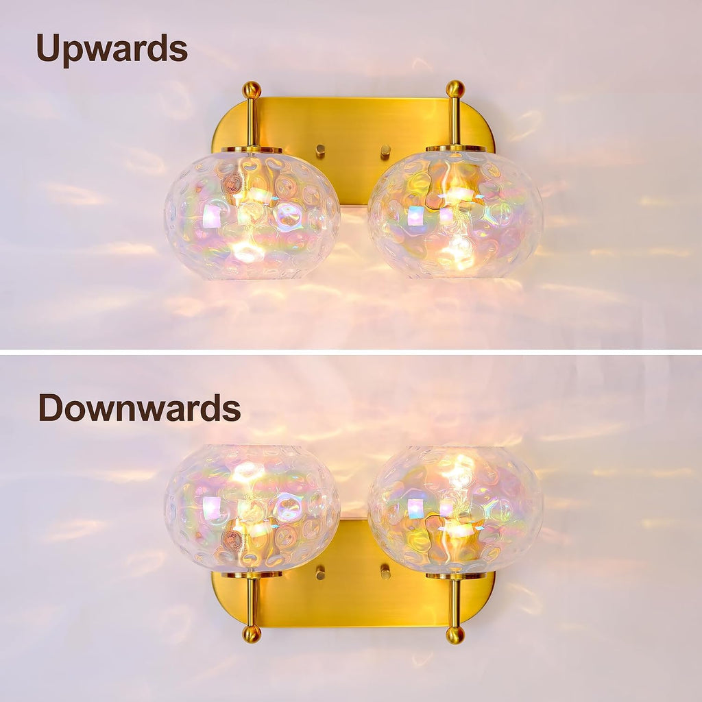 Brushed Gold Vanity Light Stained Hammered Glass Wall Sconce 2-Light Brass Wall Lamp for Hallway Living Room Stairwell Bathroom Over Mirror (Brass Gold, 2-Light)
