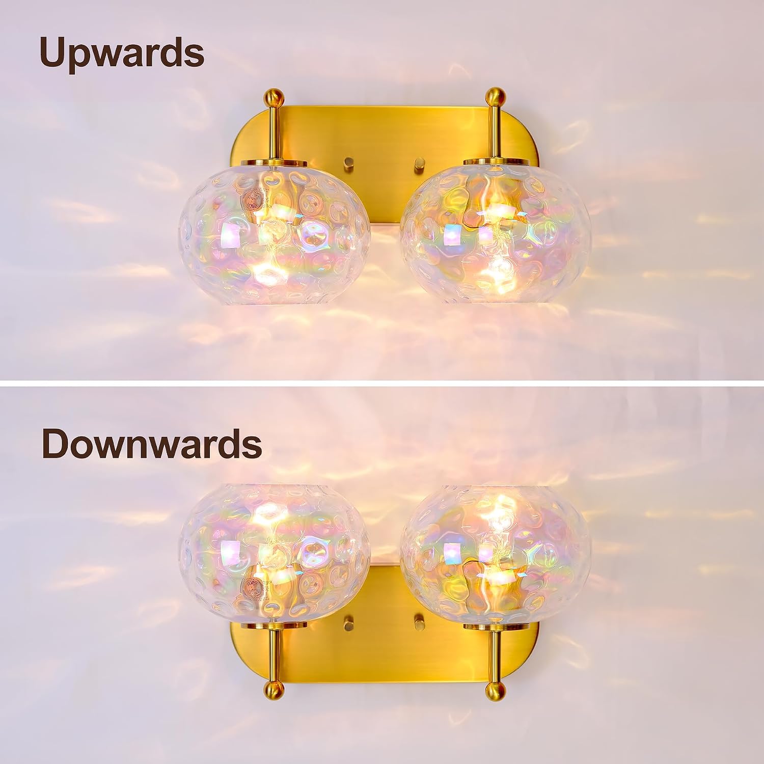 Brushed Gold Vanity Light Stained Hammered Glass Wall Sconce 2-Light Brass Wall Lamp for Hallway Living Room Stairwell Bathroom Over Mirror (Brass Gold, 2-Light)
