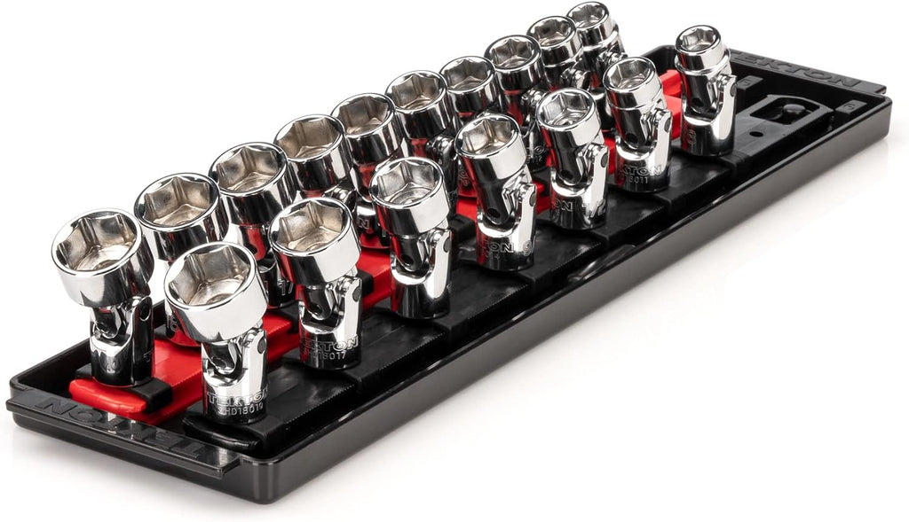 TEKTON 3/8 Inch Drive Shallow 6-Point Universal Joint Socket Set with Rails and Tray, 17-Piece (3/8-3/4 in., 10-19 mm) | SHD91217