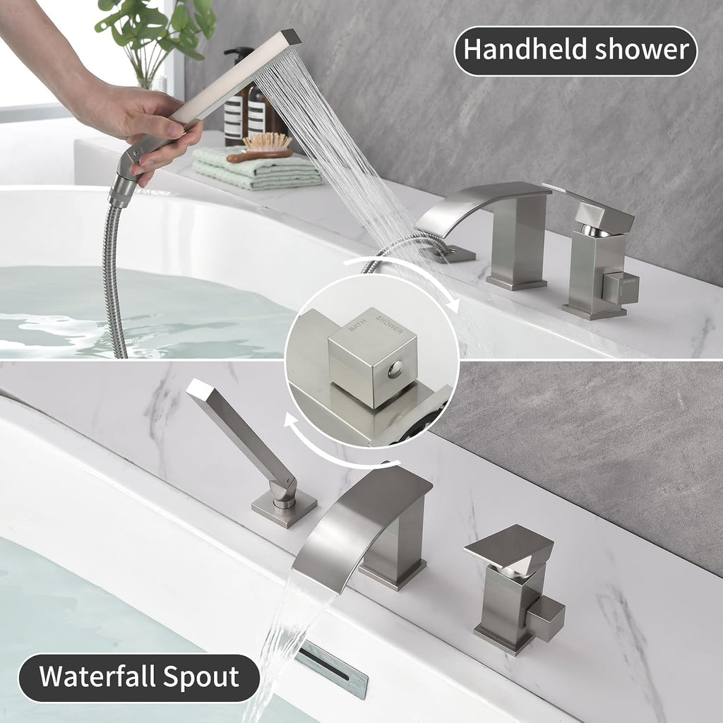 TapLong Waterfall Roman Tub Faucet with Hand Shower, Deck Mount Bathtub Faucets High Flow Widespread 3 Hole Bathtub Shower Faucet Set, Brushed Nickel, 03766BN