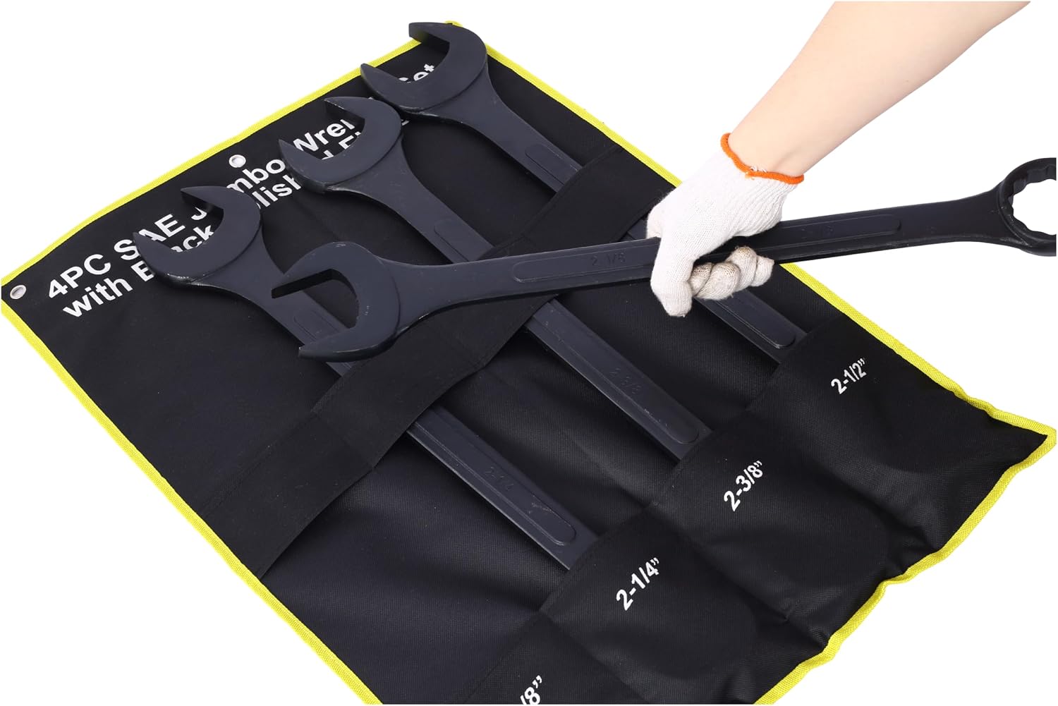 SAE Jumbo Combination Wrench Set, Extra Large 4-Piece, 2-1/8' to 2-1/2' Sizes, Black Oxide Finish, Carbon Steel, Includes Storage Bag