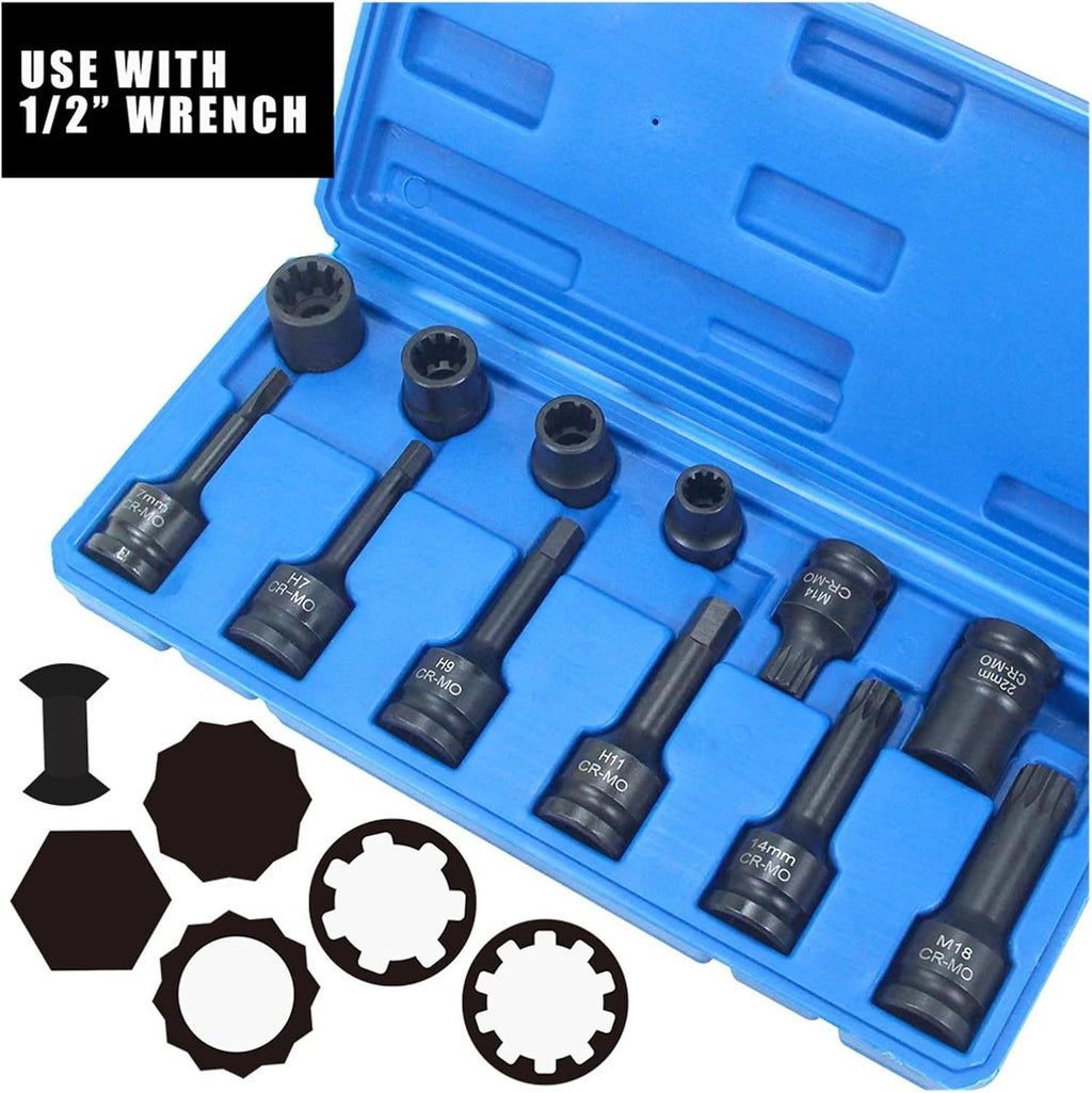 12 Pc Impact Brake Caliper Special Socket Set Compatible Compatible with VW Porsche Benz BMW 1/2' Square Drive(17pcs)