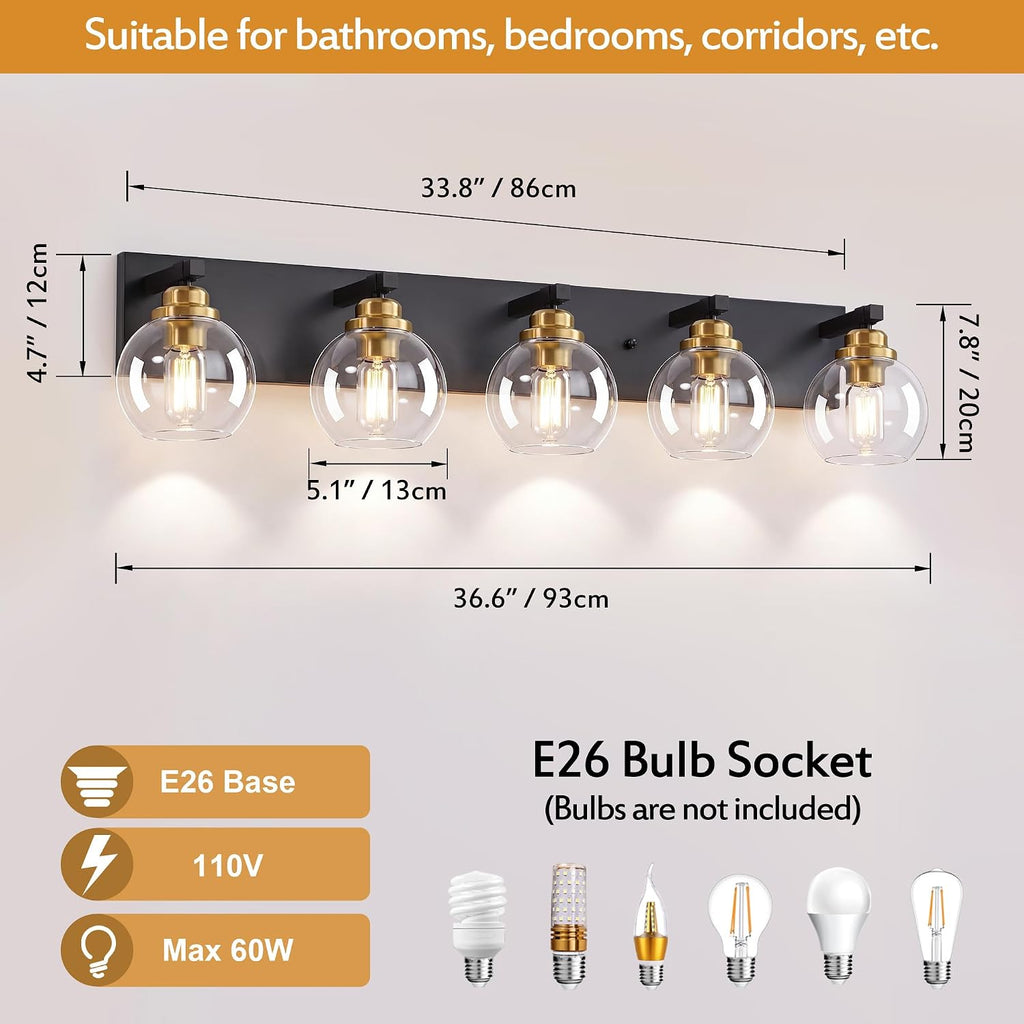 LmnLvn 5-Light Black Gold Vanity Light, Clear Glass | Bathroom light over mirror. Dimmable E26 bulbs (max 60W). Reversible up/down mount. Bedroom/hallway. 2-year warranty.