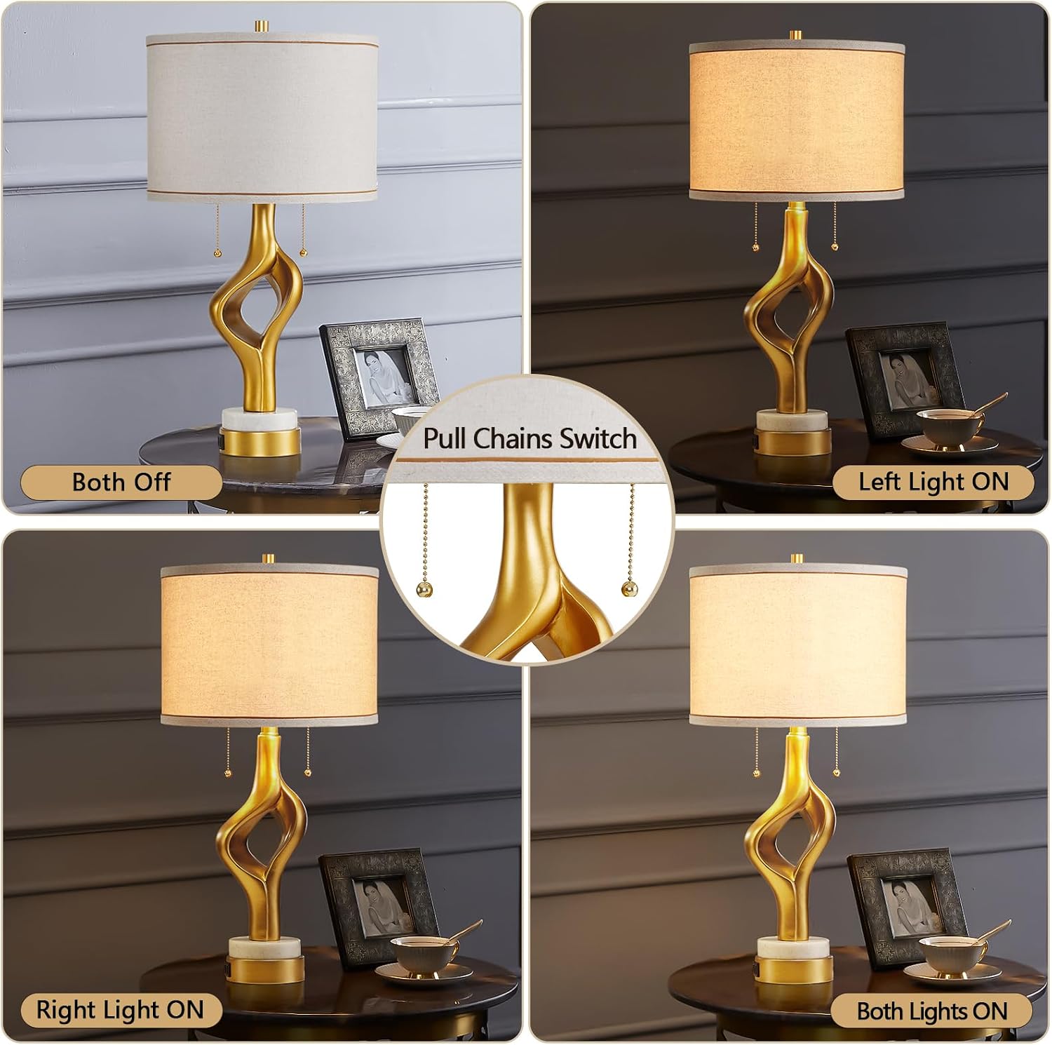 26' Modern Table Lamp Set of 2 for Living Room Bedroom, Gold Sculptural Table Lamp with 2 USB Ports, Resin Desk Lamps Marble Base with Double Pull Chains for Bedside End Tables, Bulb Included