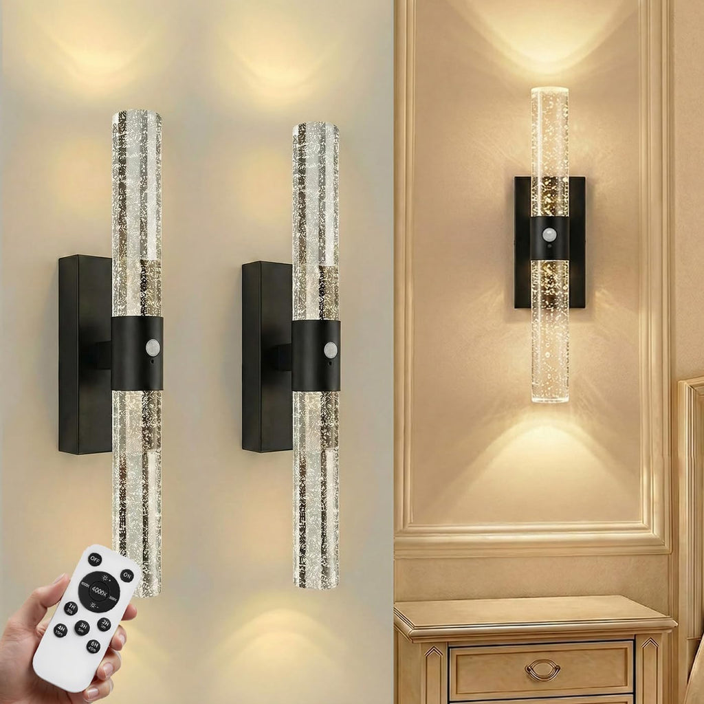 IRONPAX Wall Sconces Battery Operated Set of 2, Wireless Rechargeable Wall Sconce Set of Two, Dimmable Wall Lights with Remote for Bedroom Living Room Hallway Decor (Satin Black, Bubble Crystal)