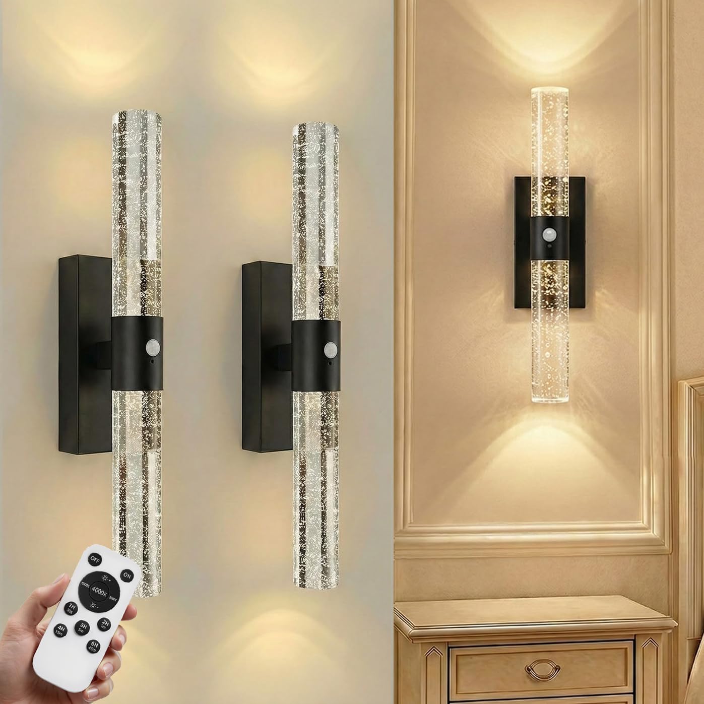 IRONPAX Wall Sconces Battery Operated Set of 2, Wireless Rechargeable Wall Sconce Set of Two, Dimmable Wall Lights with Remote for Bedroom Living Room Hallway Decor (Satin Black, Bubble Crystal)