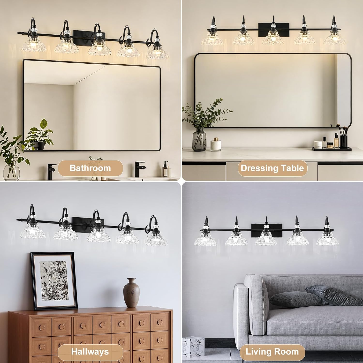 Black Bathroom Vanity Light, 5-Light Matte Black Finish Farmhouse Wall Sconce with Hanging Crystal Accent and Flower-Shaped Clear Glass Shade, Wall Mount Vanity Light Over Mirror for Bathroom