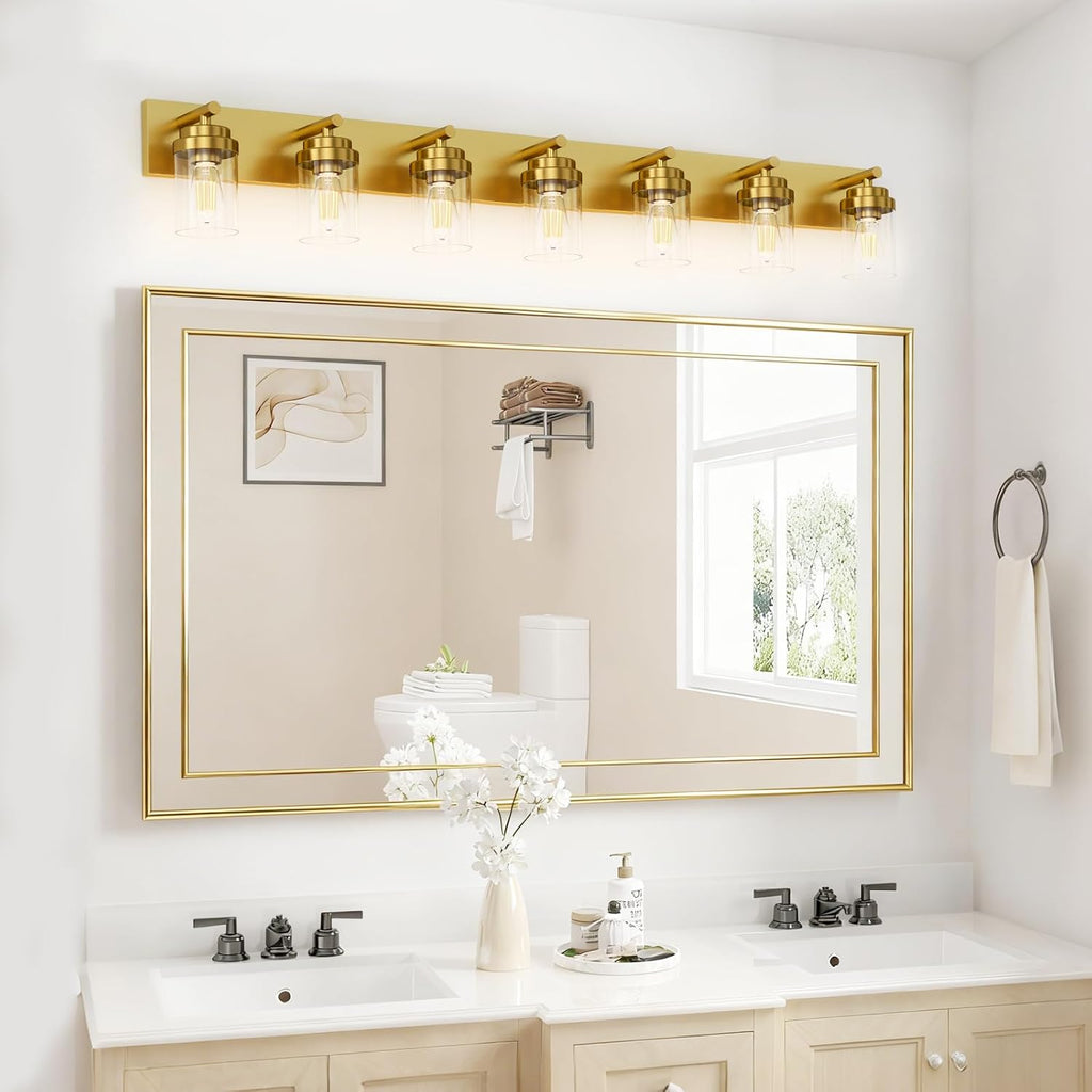 IZORRO Bathroom Vanity Light Fixture, 7-Light 52 inch Gold Bathroom Light Fixtures Over Mirror, with Clear Glass Shade, Modern Farmhouse Vanity Lights, Rustic Restroom Lighting Fixtures