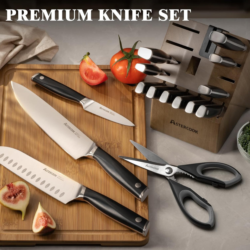 Astercook Knife Set, Kitchen Knives Set with Block and Sharpener Full Tang 17 Pcs German Stainless Steel Knives Sharp Blade Dishwasher Safe Premium Knife Set, Black Father Day Gifts for Men