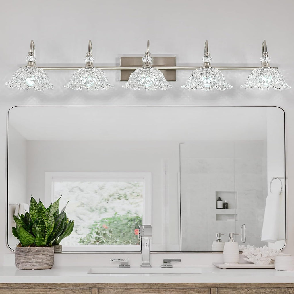 Brushed Nickel 5-Light Bathroom Vanity Light with Floral Clear Glass Shades, Brushed Nickel Wall Mount Lighting for Bathroom, Dressing Table