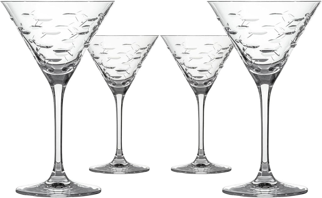 Rolf Glass School of Fish Martini Glass - Set of 4 Stemmed 10 oz. Martini Glasses - Lead-Free Glass - Diamond-Wheel Engraved Cocktail Glasses - Made in the USA