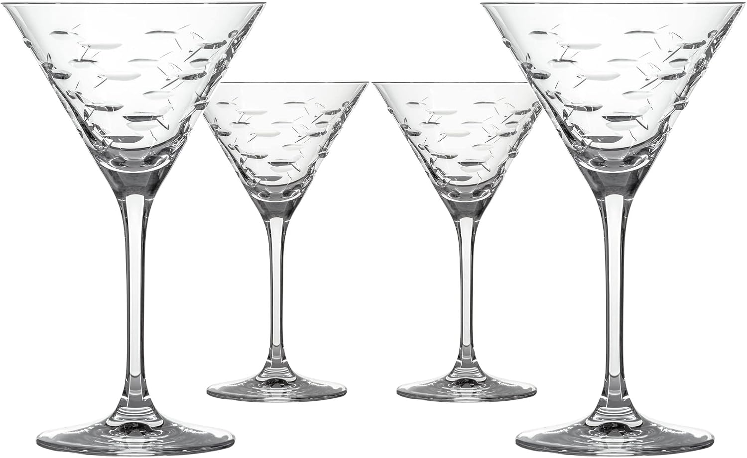 Rolf Glass School of Fish Martini Glass - Set of 4 Stemmed 10 oz. Martini Glasses - Lead-Free Glass - Diamond-Wheel Engraved Cocktail Glasses - Made in the USA