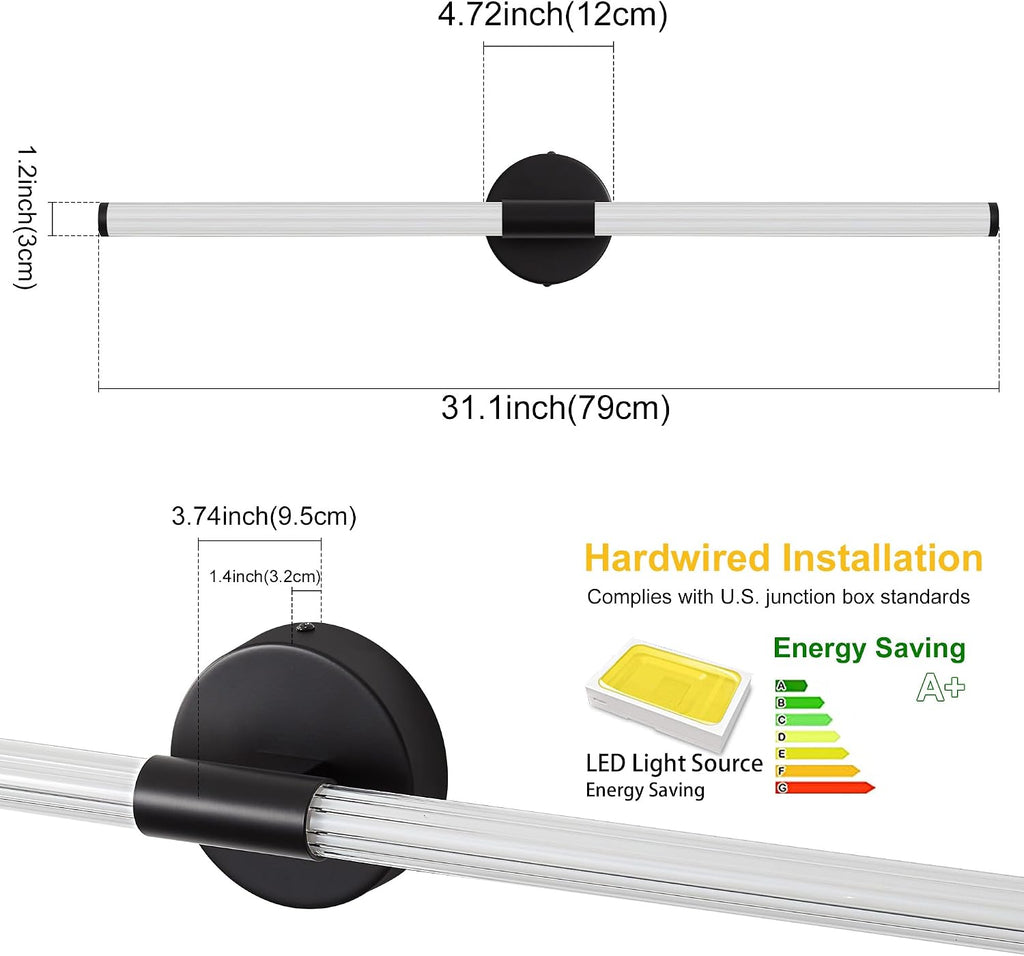 Bathroom Wall Sconces Set of 2 Hardwired Dimmable 5CCT LED Bathroom Light Fixtures Over Mirror 360° Full Lighting 31' Long Vanity Light Bar Modern Black Wall Sconce for Bath Bedroom Living Room