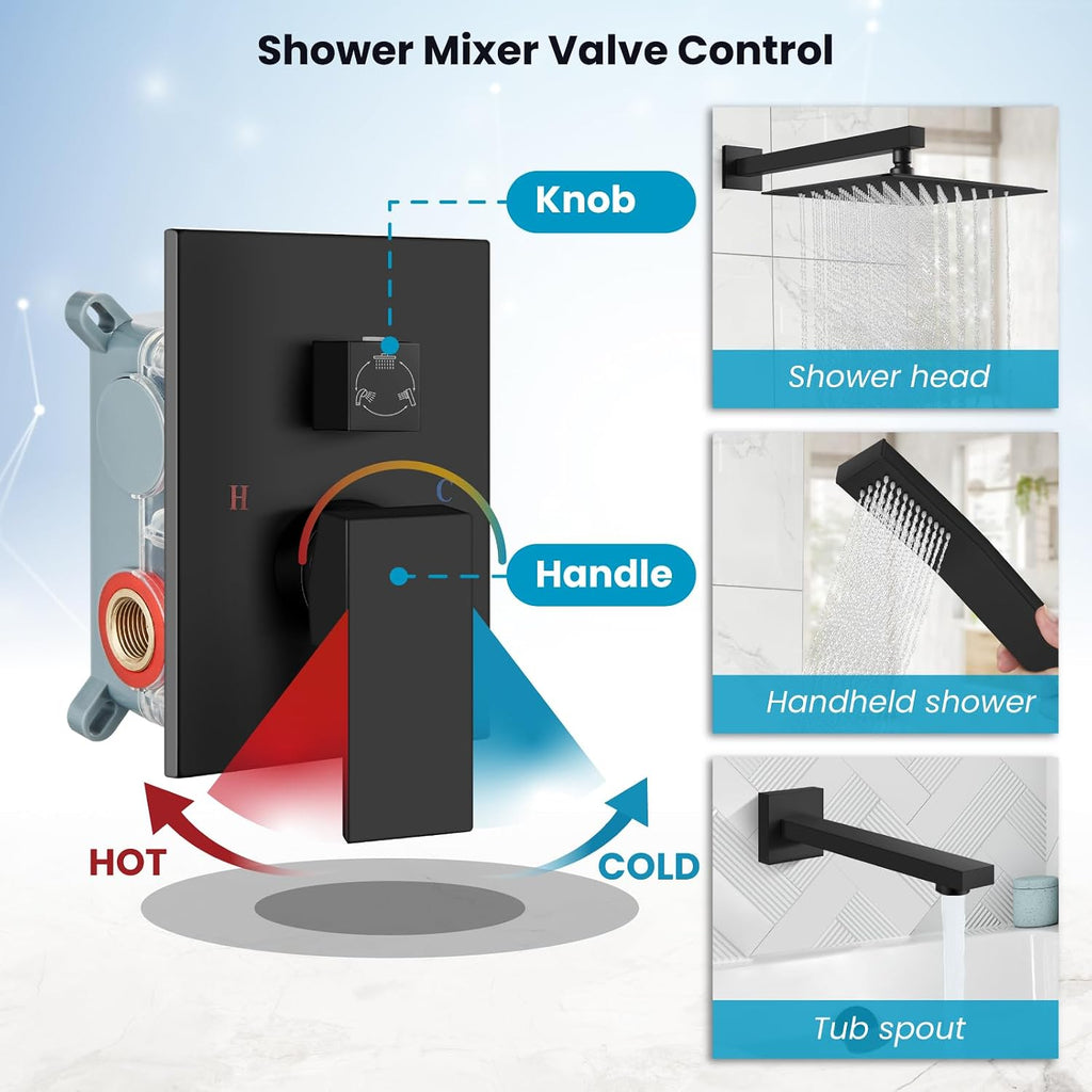 gotonovo Shower System with Tub Spout Wall Mounted Rain Shower Head and Handle Combo Shower Faucet Set with Valve, 10 Inch, Matte Black