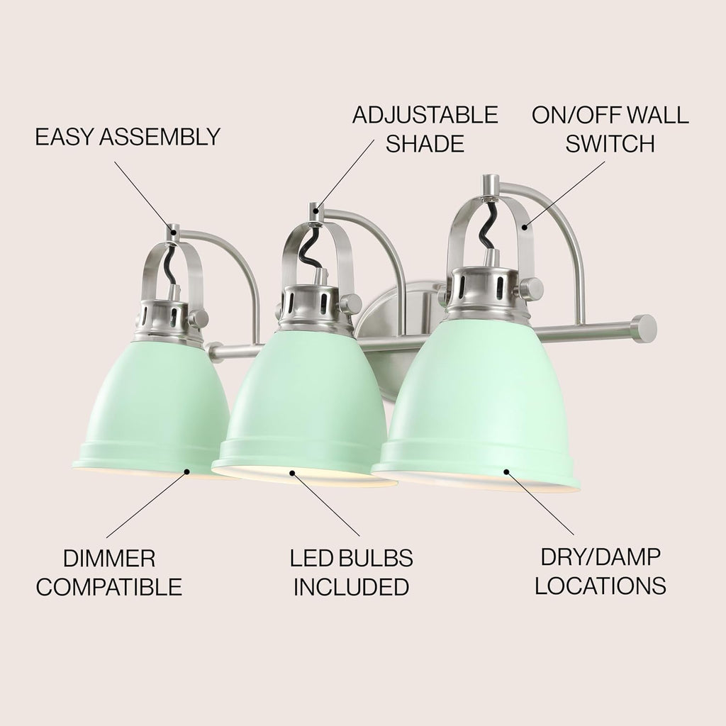 JONATHAN Y 25.5' Mint Green/Nickel 3-Light LED Vanity Light, Adjustable Wall Sconce for Bathroom Mirror, Farmhouse Bohemian Kitchen Light, Iron Black Bell Shade (JYL1116C)