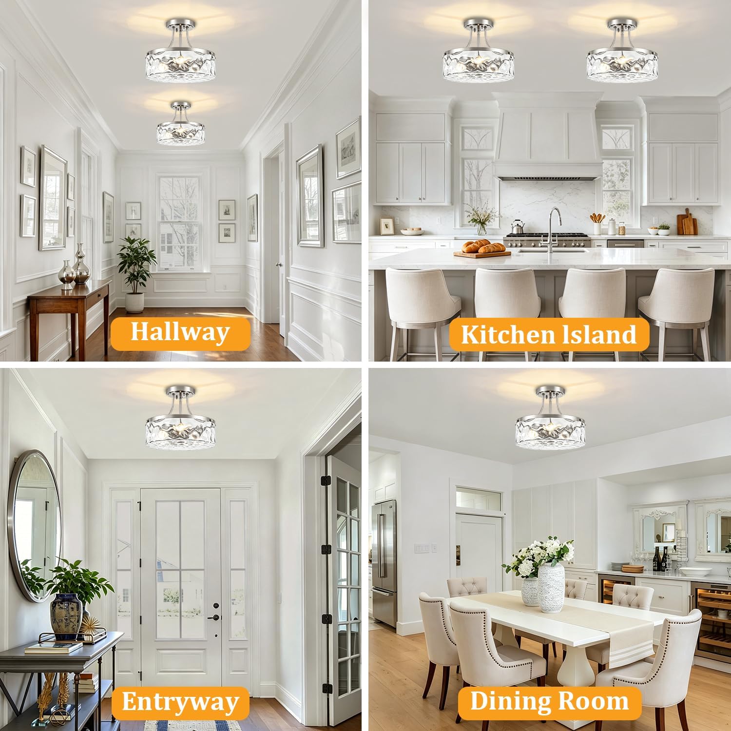 TOULMJ Brushed Nickel Semi Flush Mount Ceiling Light, 3-Light Modern Hammered Glass Kitchen Lighting Fixture for Hallway Entryway Bathroom Bedroom Laundry Dining Room